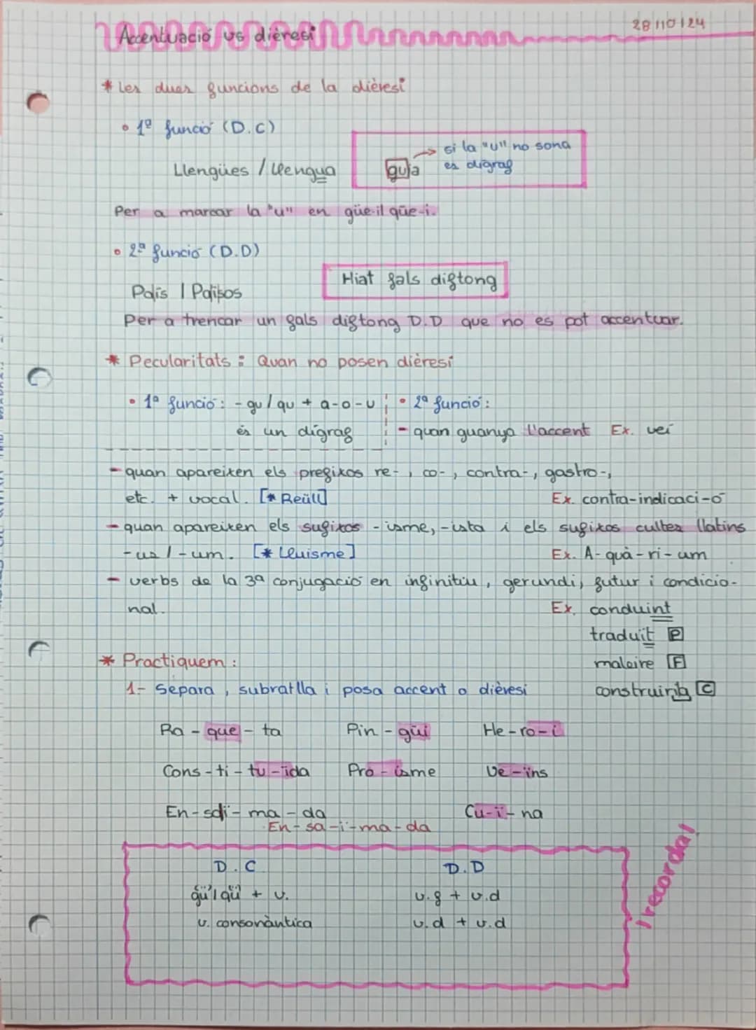 Accentuació us dière

*Les dues funcions de la dièresi

1º funció (D.c)

Llengües / Wenqua

Per a marcar la "u" en

quja
si la "u" no sona
e