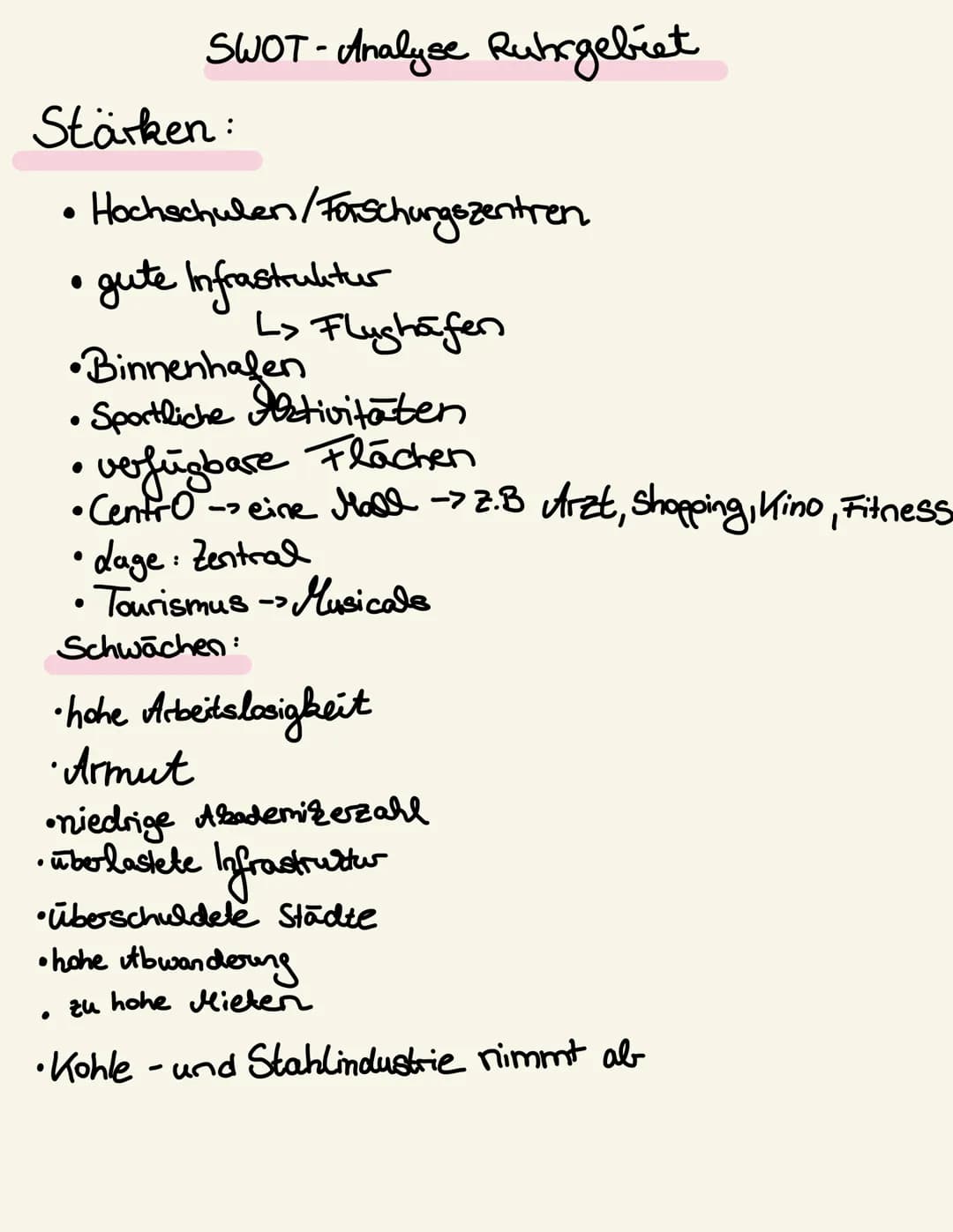 # SWOT-Analyse Ruhrgebiet

Stärken:

- Hochschulen/Forschungszentren
- gute Infrastruktur
  -> Flughäfen
- Binnenhäfen
- Sportliche Aktivitä