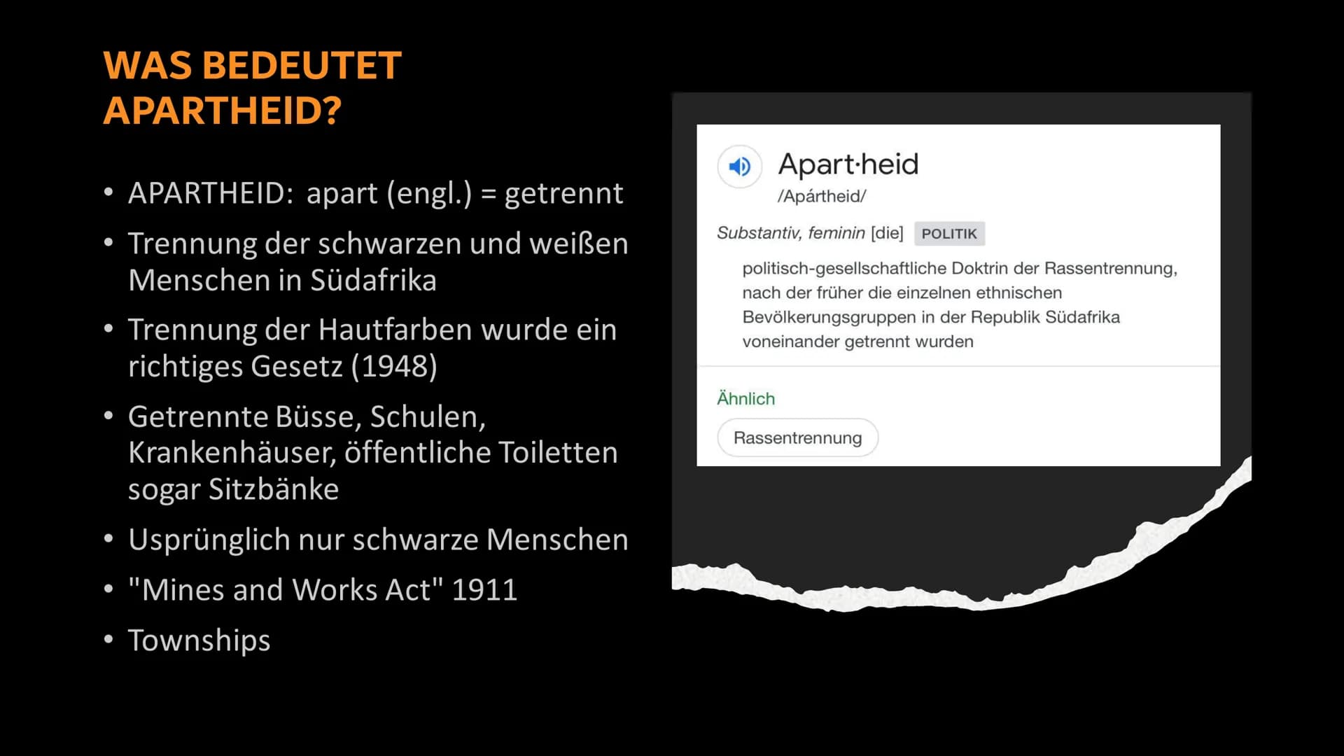 SÜDAFRIKA - Der Weg
aus der Apartheid

Von Yona S. # WAS BEDEUTET
APARTHEID?

• APARTHEID: apart (engl.) = getrennt
• Trennung der schwarzen