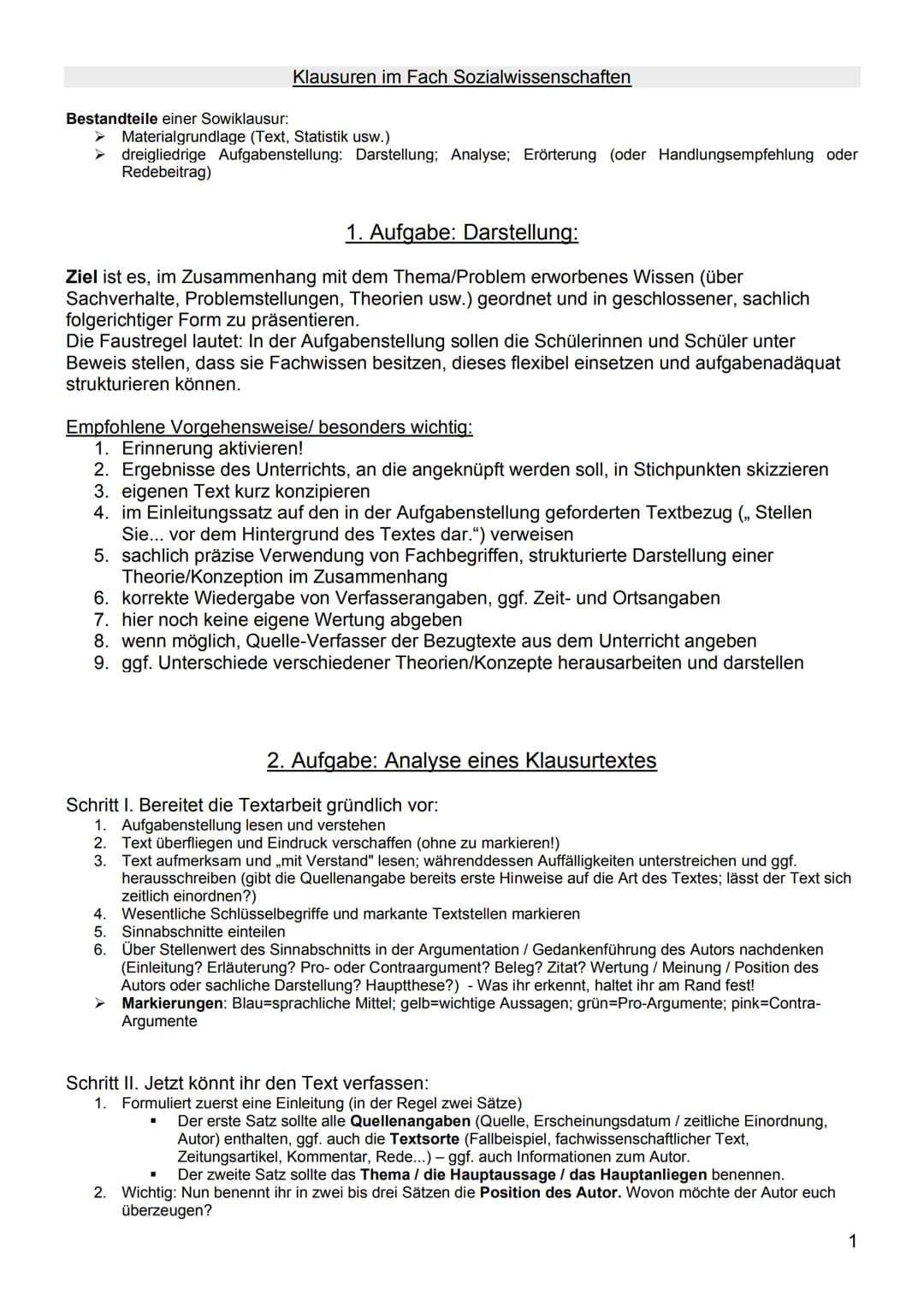 Klausuren im Fach Sozialwissenschaften

Bestandteile einer Sowiklausur:
➤ Materialgrundlage (Text, Statistik usw.)
➤ dreigliedrige Aufgabens