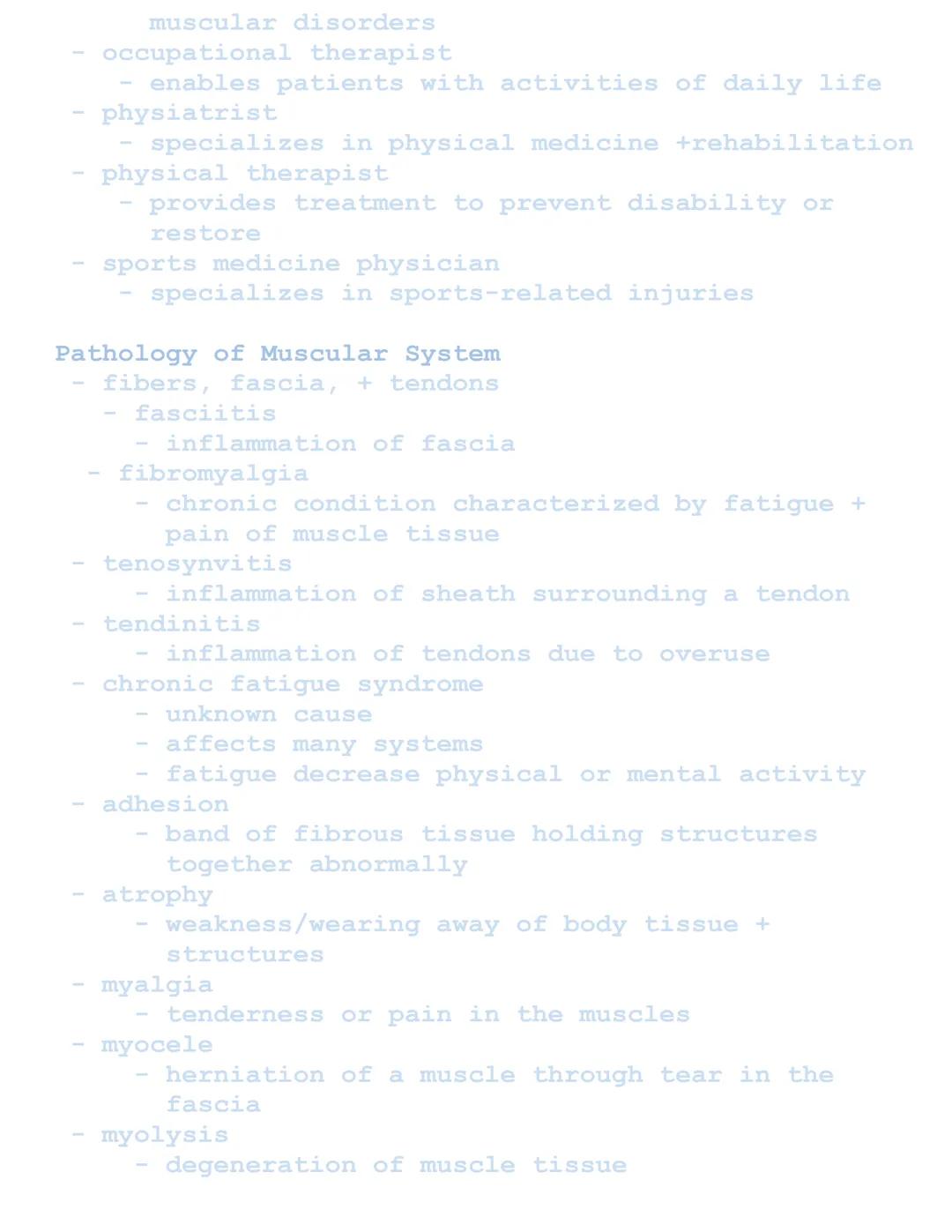 Muscular System

Related Combining Forms
Muscles: muscul/o, my/o, myos/o
Fascia: fasci/o
Tendons: ten/o, tend/o, tendin/o

Functions of Musc