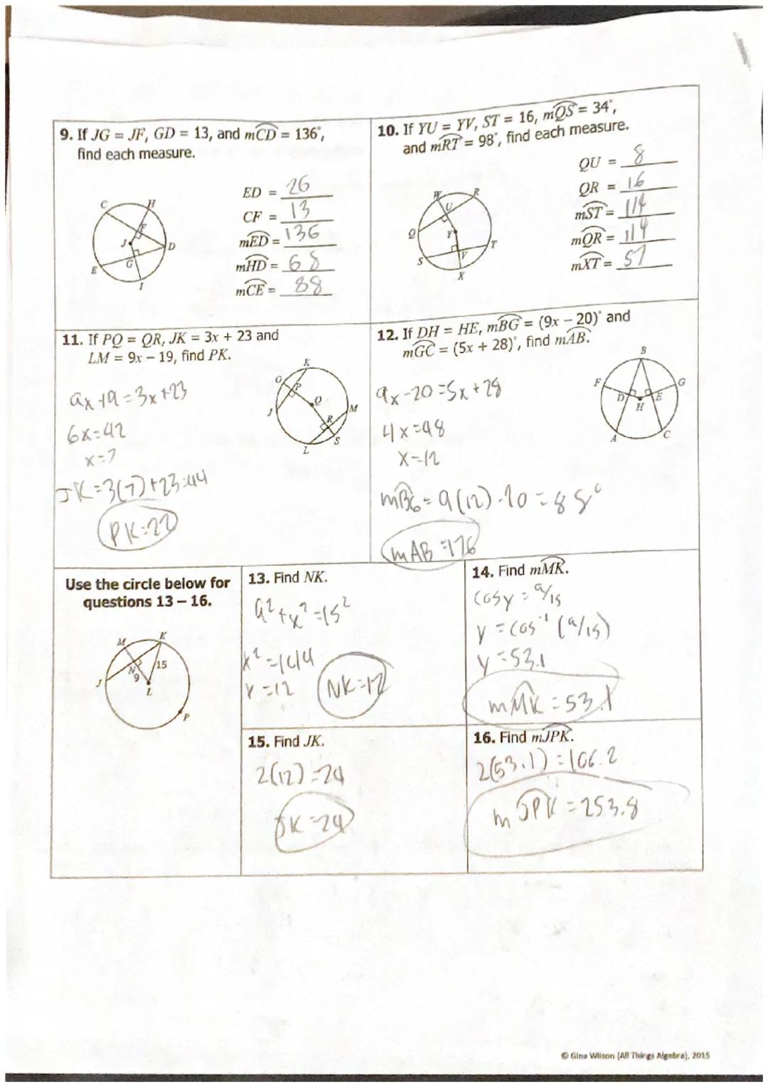 7. If DE 11x + 15 and FG = 32x-27, find DE.
equidistant from Conter
11xt15:32x-27
42=214
11(2) 15
37
8. Find mMP.

ax-43=5x+33
4x76
x=19
360