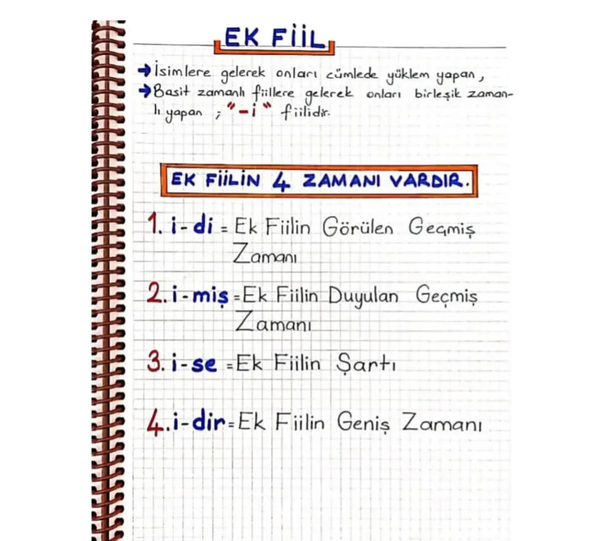 # EK FİİL

→İsimlere gelerek onları cümlede yüklem yapan,

→Basit zamanlı fiillere gelerek onları birleşik zaman-

lı yapan; "-i" fiilidir.
