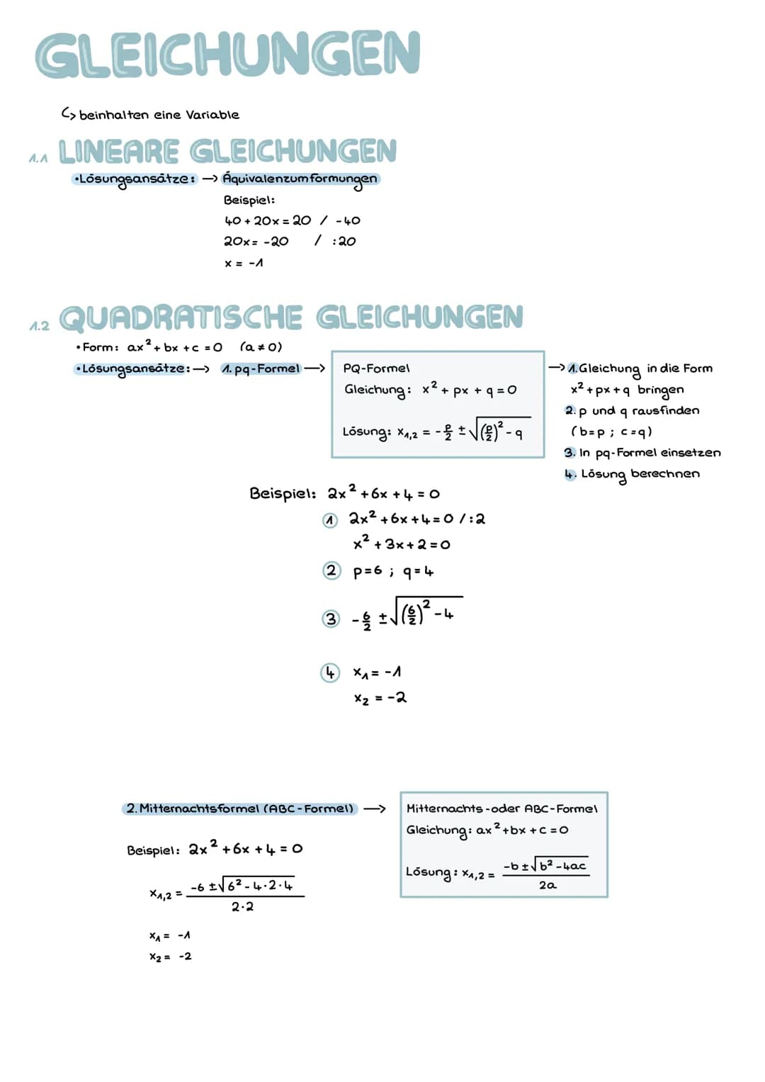 # GLEICHUNGEN

> beinhalten eine Variable

## AA LINEARE GLEICHUNGEN

•Lösungsansätze: →→ Áquivalenzumformungen

Beispiel:

40+20x = 20 / -4