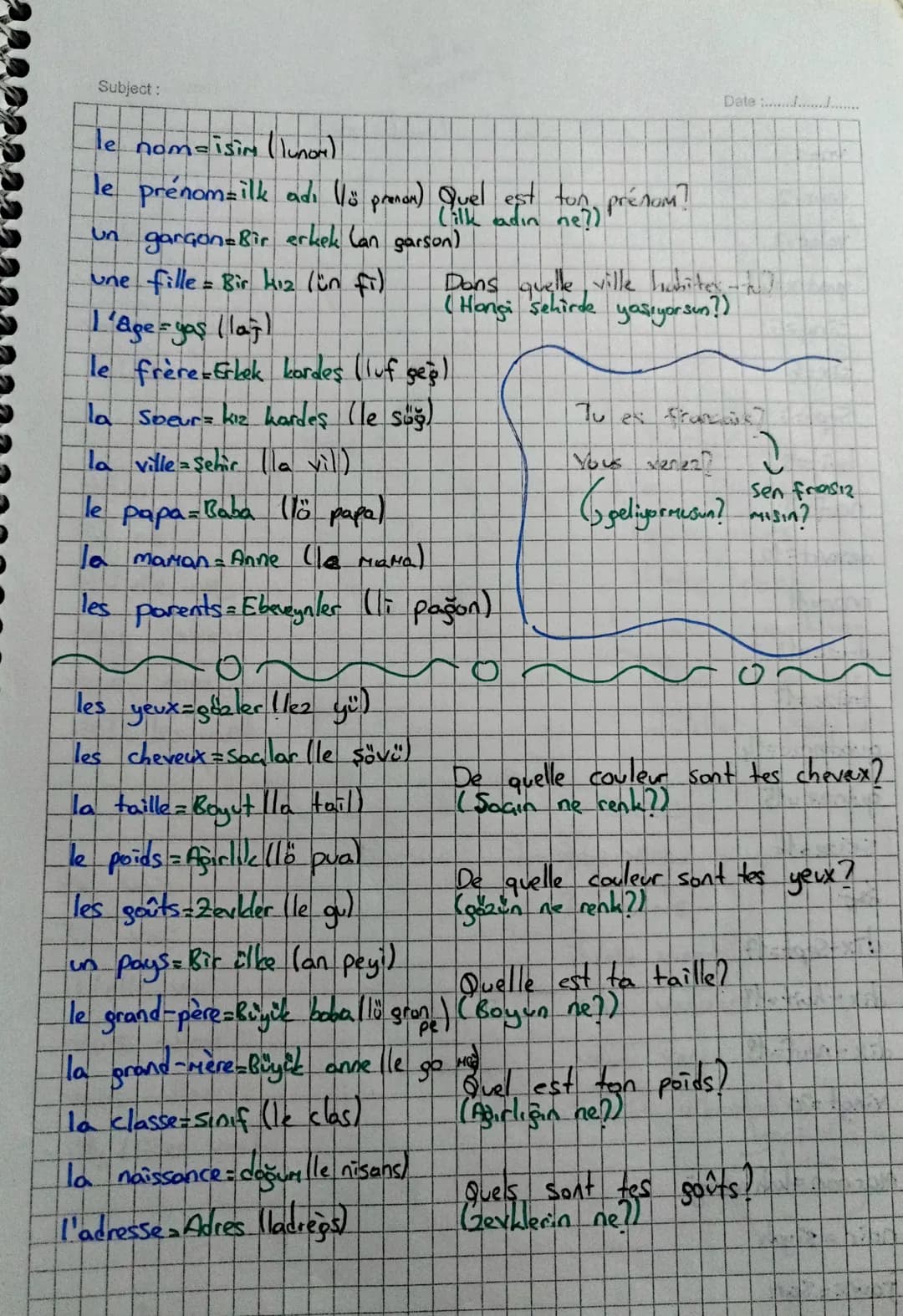 Subject:

le nom=isim (lunom)
le prénomzilk adı llö pranon) quel est tom, prénom?
Un
garçon Bir erkek (an garson)
une fille Bir kız (ün fi)
