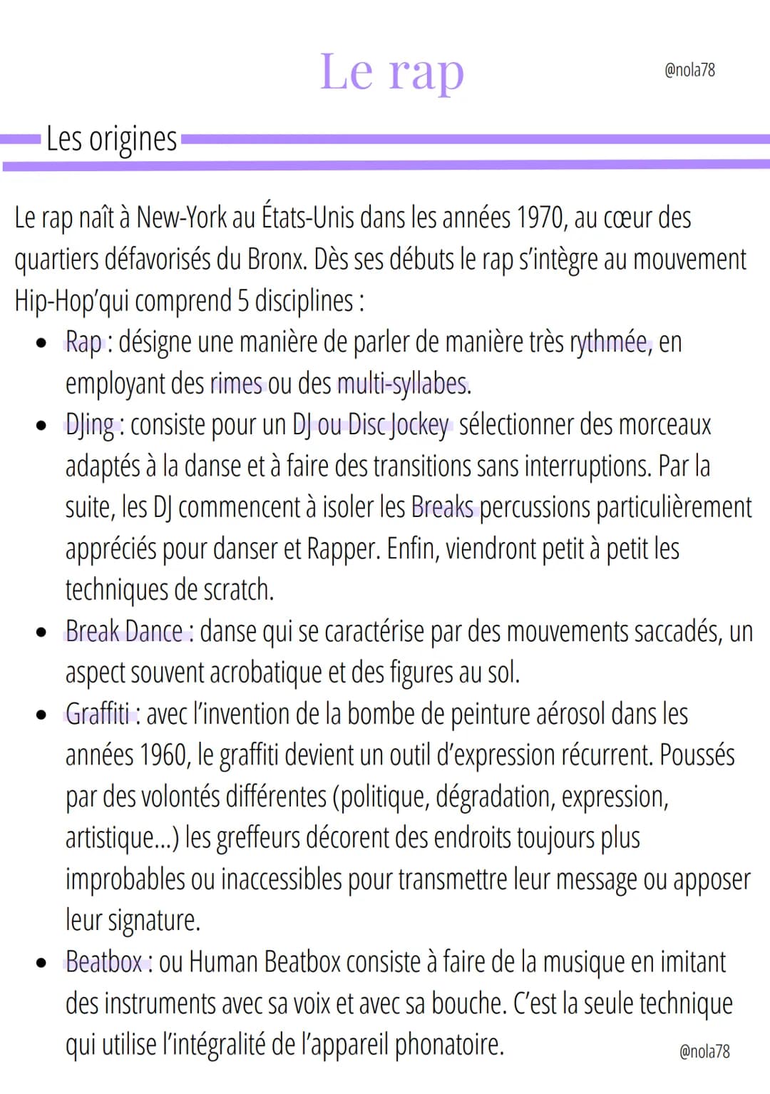 Le rap
@nola78

Les origines

Le rap naît à New-York au États-Unis dans les années 1970, au cœur des
quartiers défavorisés du Bronx. Dès ses