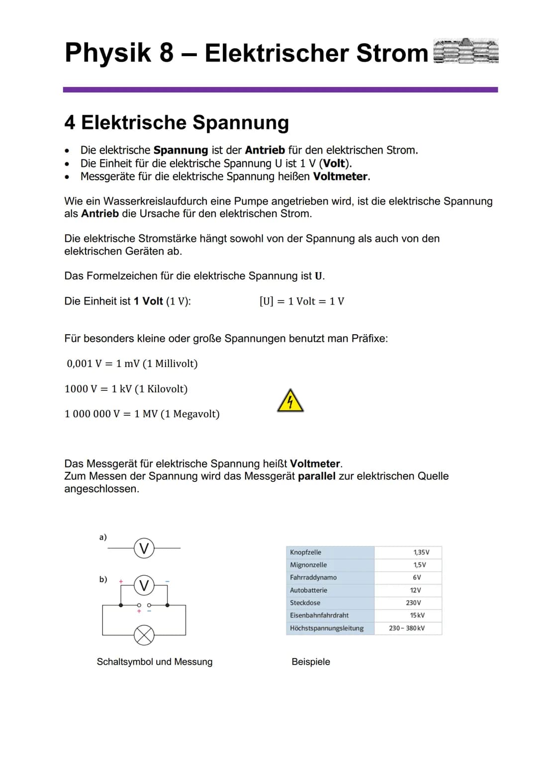 # Physik 8 - Elektrischer Strom

# 4 Elektrische Spannung

- Die elektrische Spannung ist der Antrieb für den elektrischen Strom.
- Die Einh