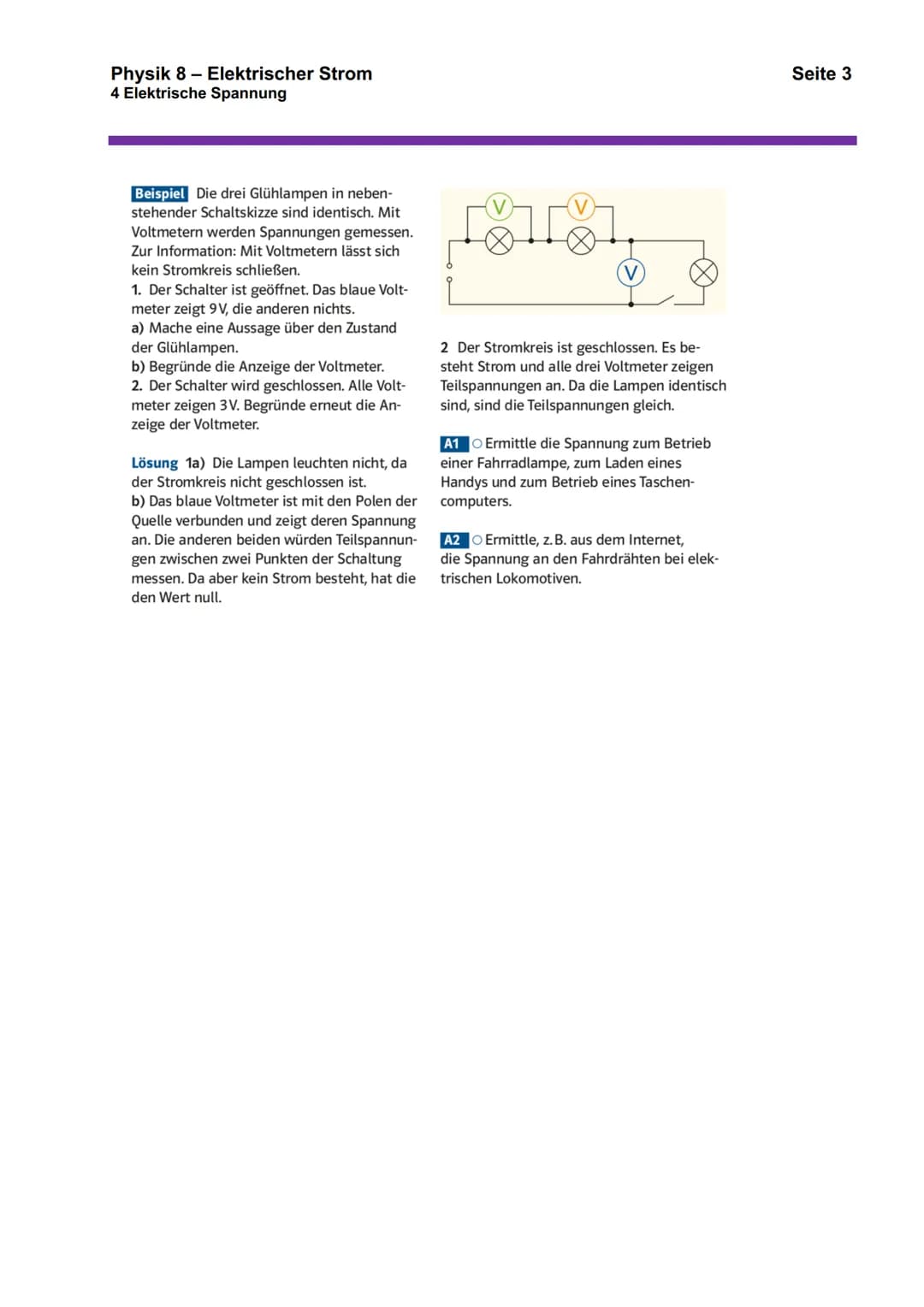 # Physik 8 - Elektrischer Strom

# 4 Elektrische Spannung

- Die elektrische Spannung ist der Antrieb für den elektrischen Strom.
- Die Einh