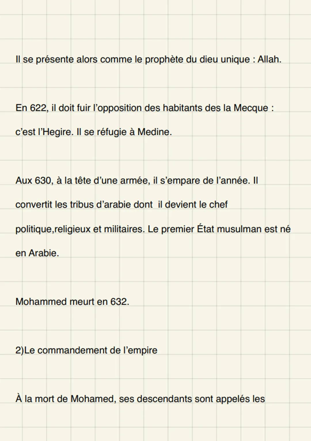 # L'islam

Une religion, un empire

Au au début du, les arabes c'est pour la plupart polythéistes.
Mohamed, on travailler on va annoncer une