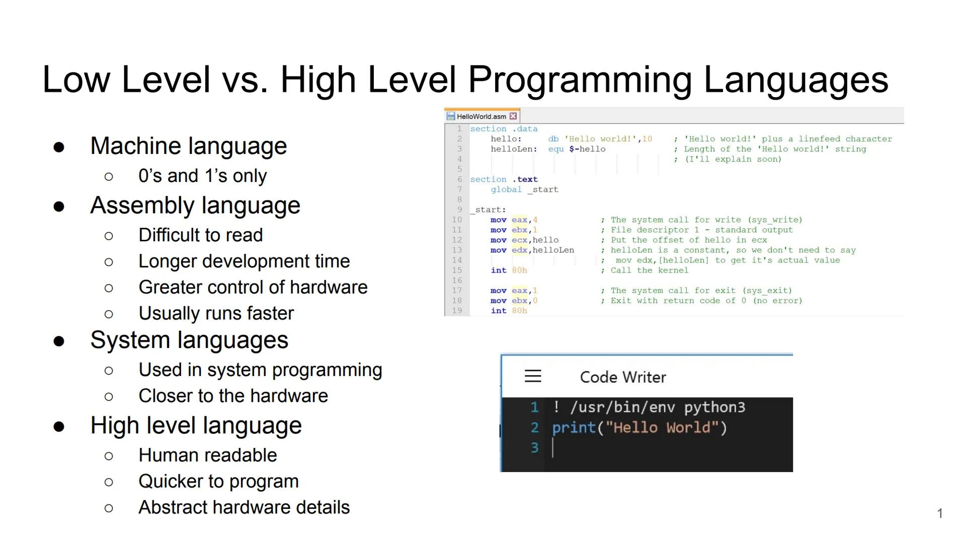 # Low Level vs. High Level Programming Languages

• Machine language

Ο 0's and 1's only

• Assembly language

Ο Difficult to read

Ο Longer