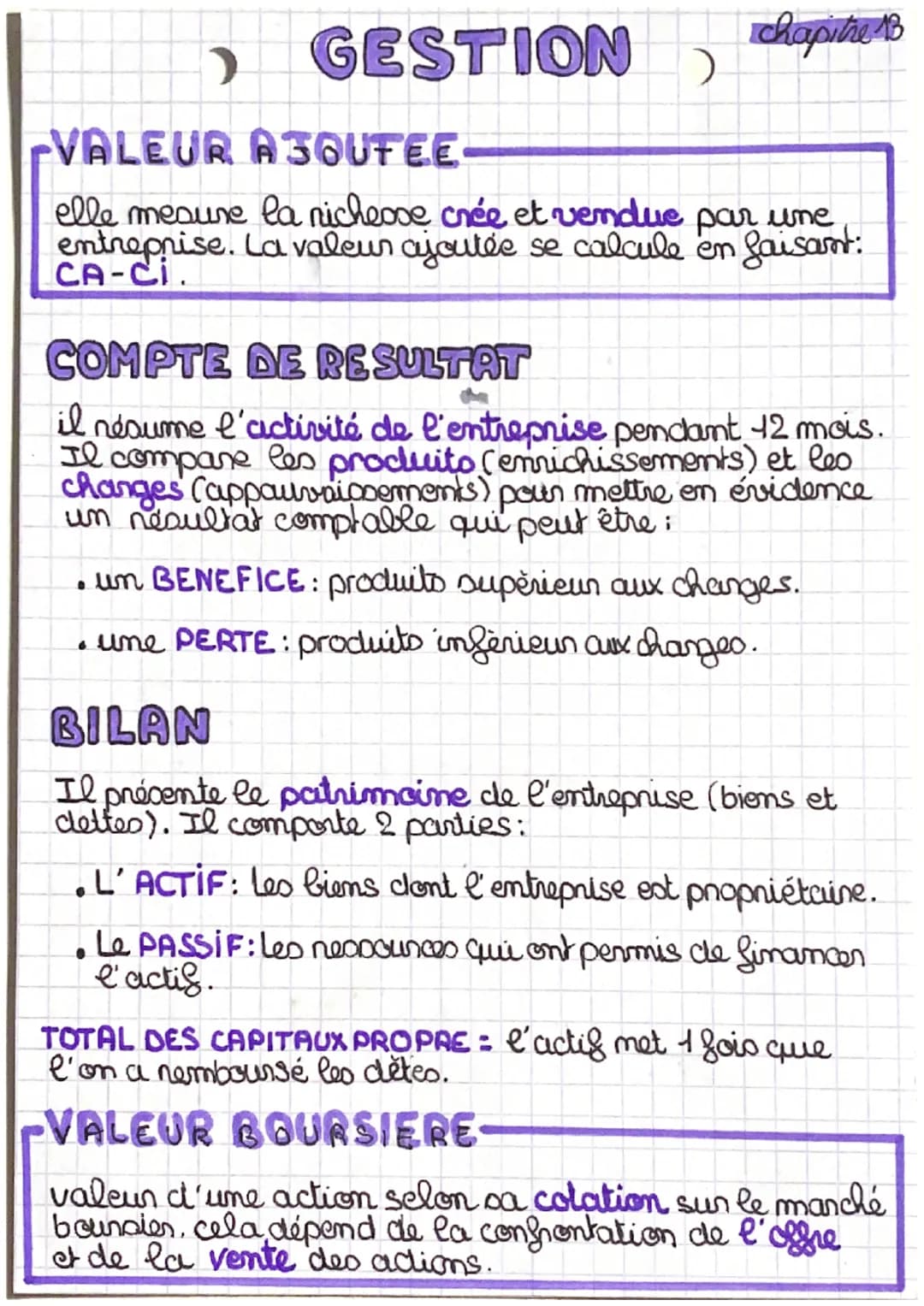 GESTION)
chapitre B

-VALEUR AJOUTEE-

elle mesure la nicheose crée et vendue par une
entreprise. La valeur ajoutée se calcule en faisant:
C