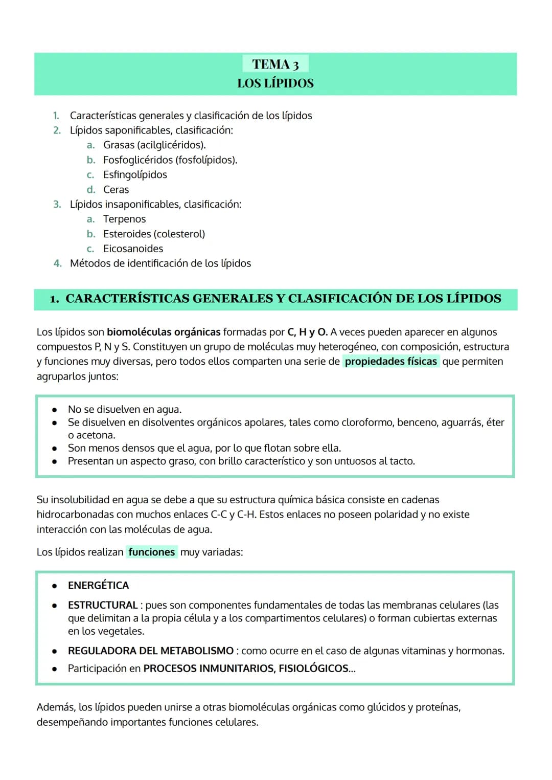 # TEMA 3
LOS LÍPIDOS

1. Características generales y clasificación de los lípidos
2. Lípidos saponificables, clasificación:
 a. Grasas (acil