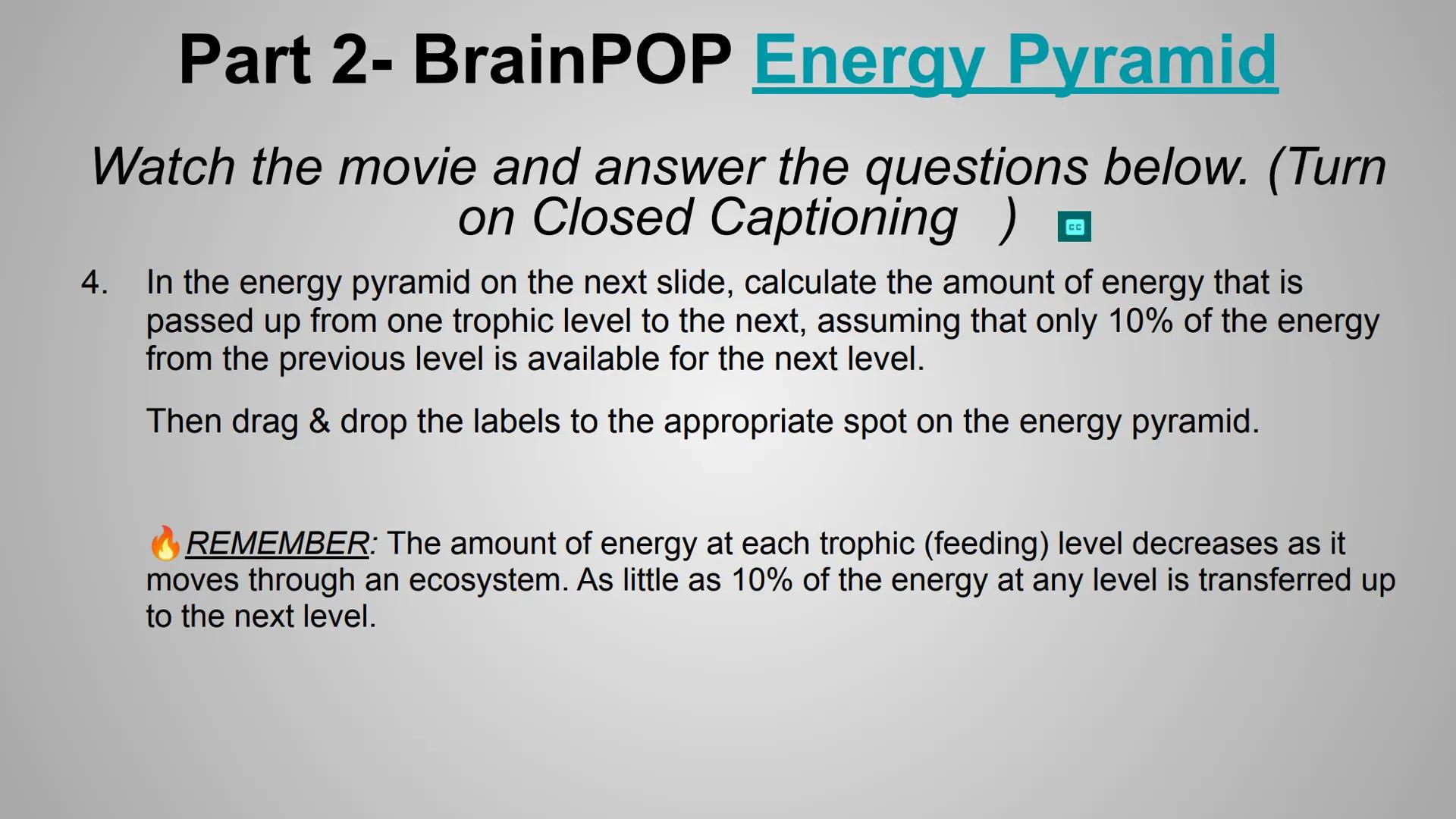 # BrainPOP: Food Chains &
# Energy Pyramid Activity # Part 1- BrainPOP Food Chains

Watch the movie and answer the questions below. (Turn on