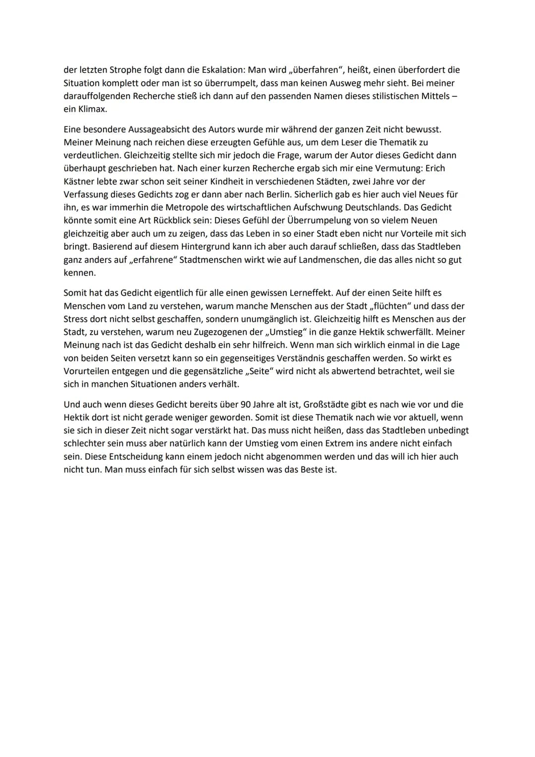 # „Besuch vom Lande" - Erich Kästner -
Gedichtinterpretation

In Erich Kästners Gedicht,,Besuch vom Lande" geht es um die Wirkung der Großst