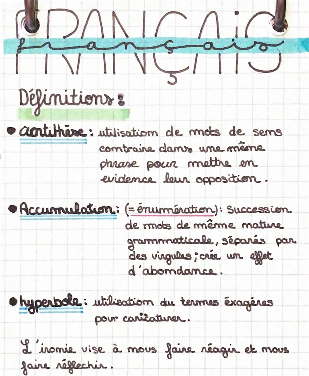FRANÇAIS

Définitions:
• cortithese: utilisatiom de mots de sems
 contraire dans une même
 phrase pour mettre en
 evidence leur opposition.
