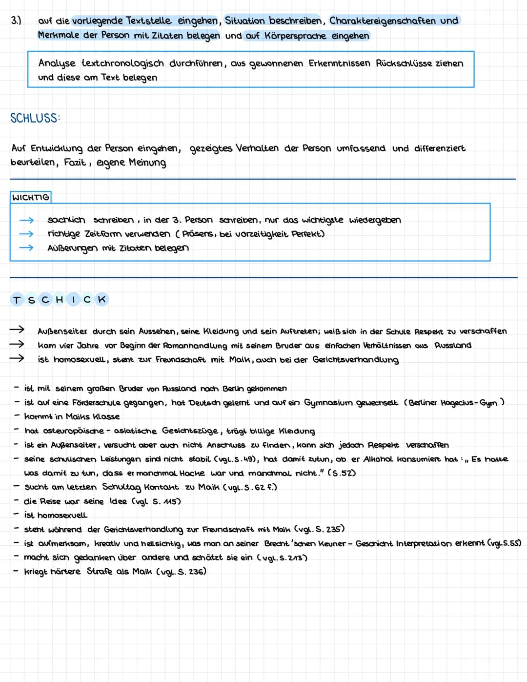 # Charakterisierung

# Roman „Tschick"

AUFBAU

EINLEITUNG:

Titel Tschick

Autor Wolfgang Herrndorf

Textgattung (Jugend-) Roman

Thema S. 