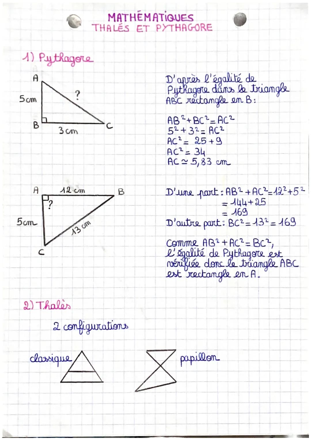 # MATHEMATIQUES
# THALES ET PYTHAGORE

## 1) Pythagore

A

5cm
?

B
C

3 cm

D'après l'égalité de
Pythagore dans le triangle
ABC rectangle e