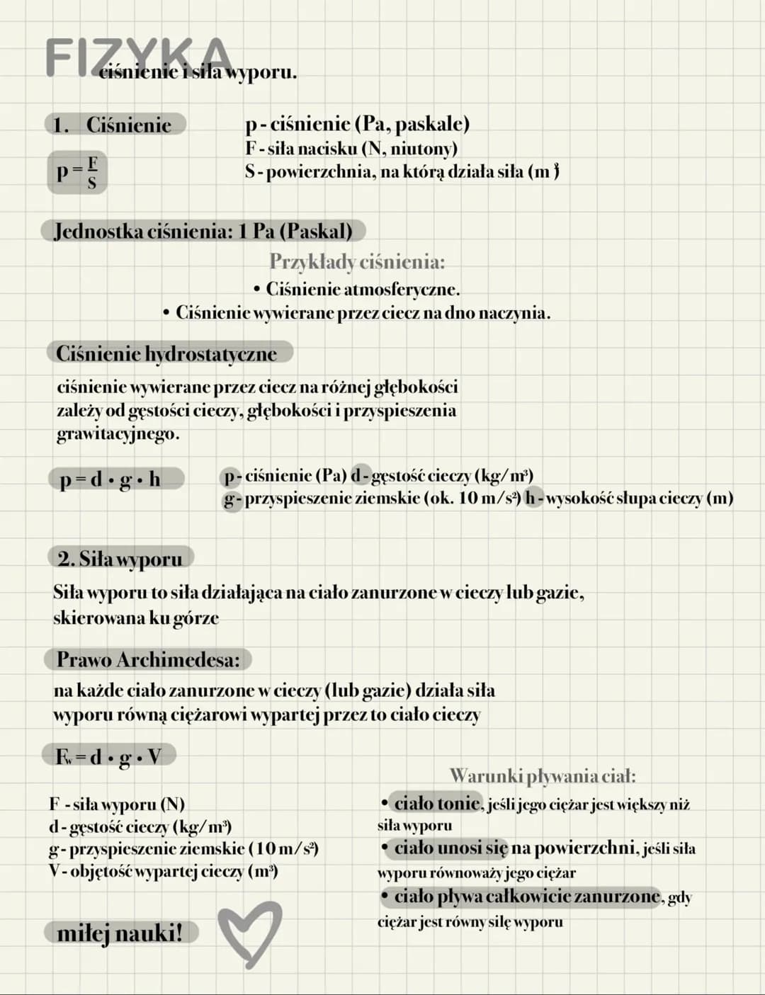 # FIZYKA
cisnienie i sila wyporu.

1. Ciśnienie
$
\frac{p=F}{S}
$

p- ciśnienie (Pa, paskale)
F-siła nacisku (N, niutony)
S-powierzchnia, na