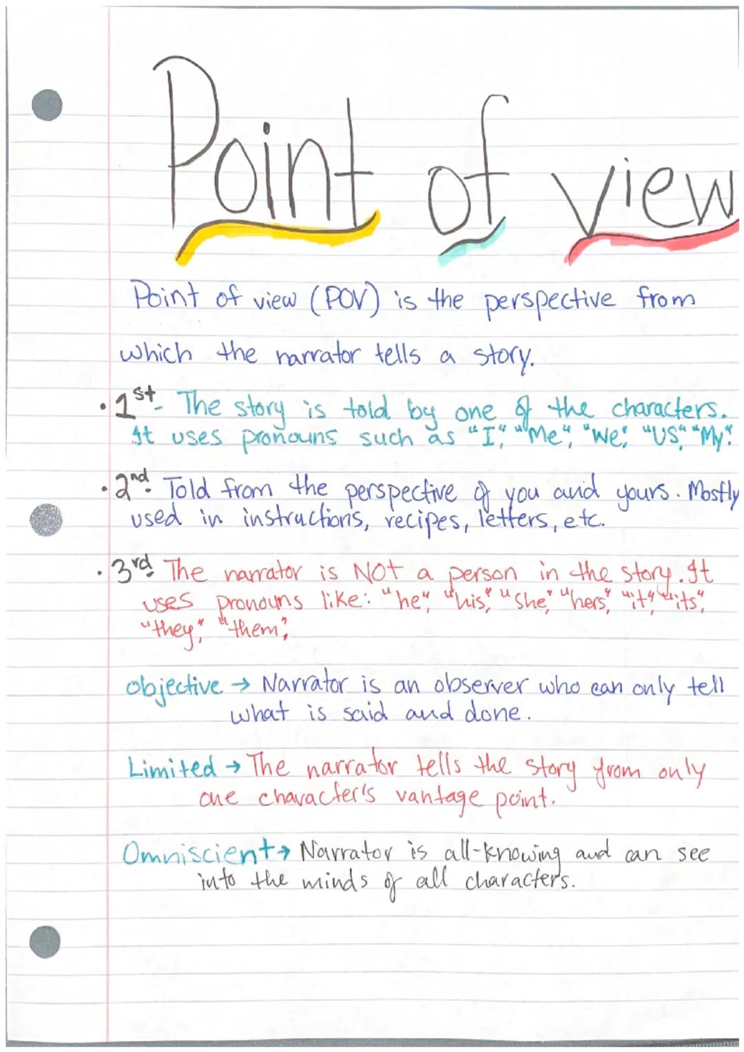 # Point of view

Point of view (POV) is the perspective from
which the narrator tells a story.

*   1st. The story is told by one of the cha