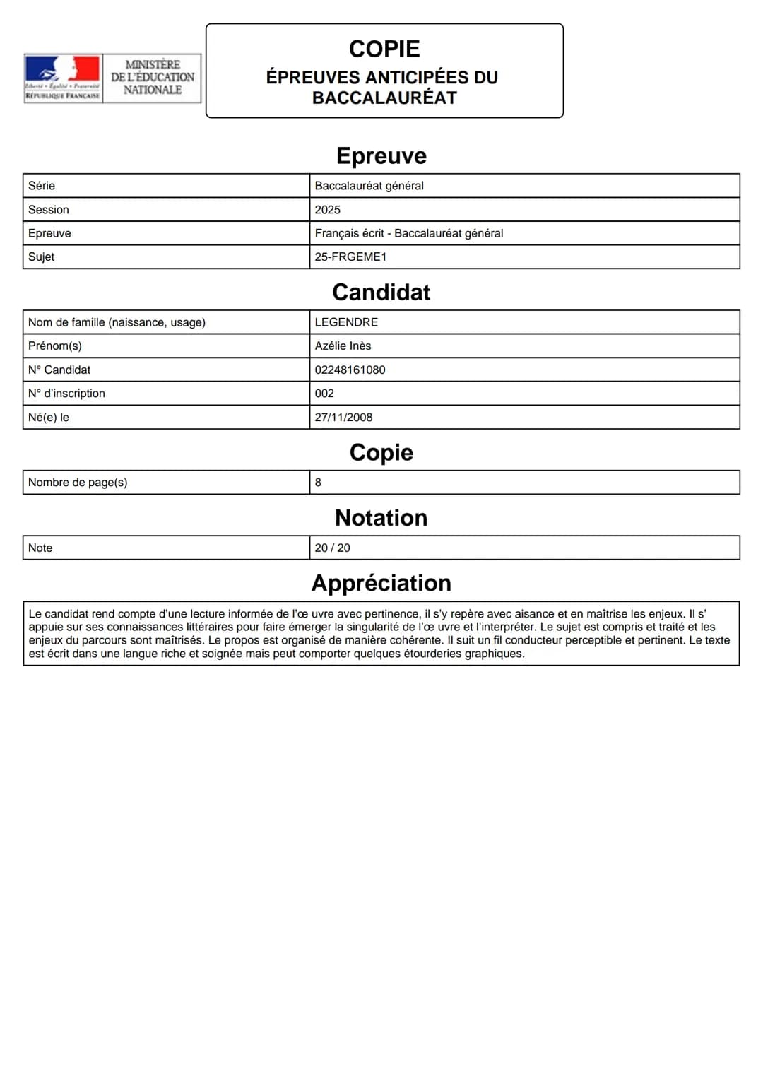 Série
Session
Epreuve
Sujet
MINISTERE
DE L'EDUCATION
NATIONALE
Nom de famille (naissance, usage)
Prénom(s)
N° Candidat
N° d'inscription
Né(e