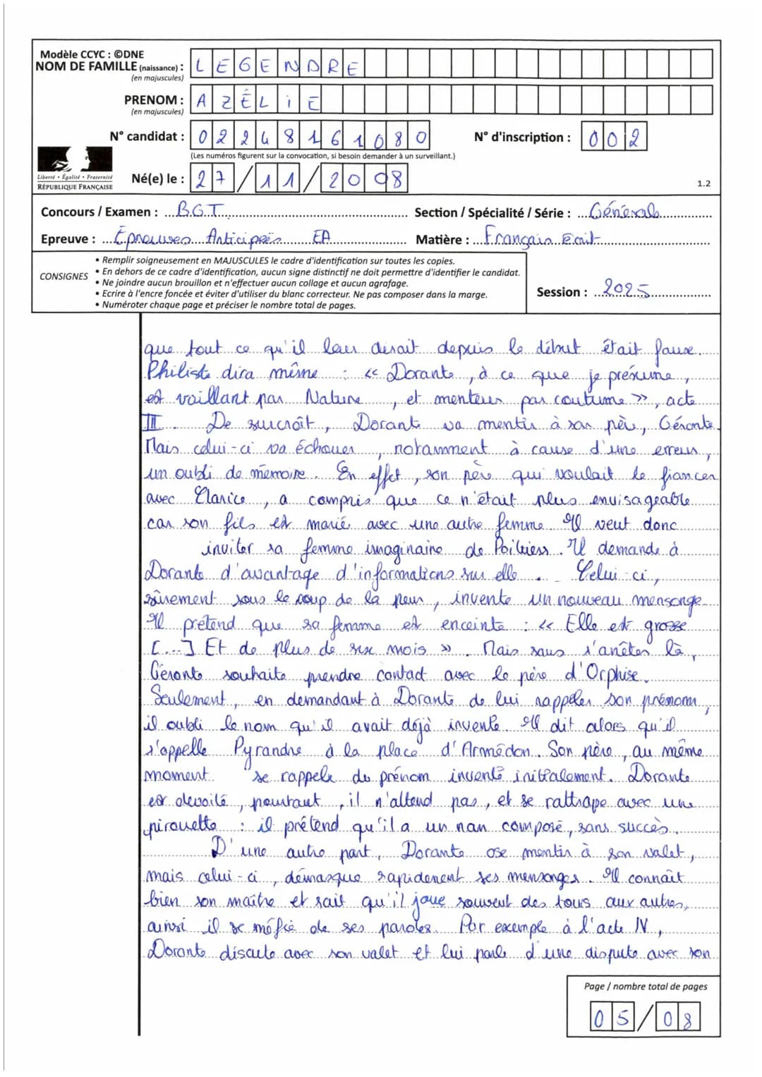Série
Session
Epreuve
Sujet
MINISTERE
DE L'EDUCATION
NATIONALE
Nom de famille (naissance, usage)
Prénom(s)
N° Candidat
N° d'inscription
Né(e