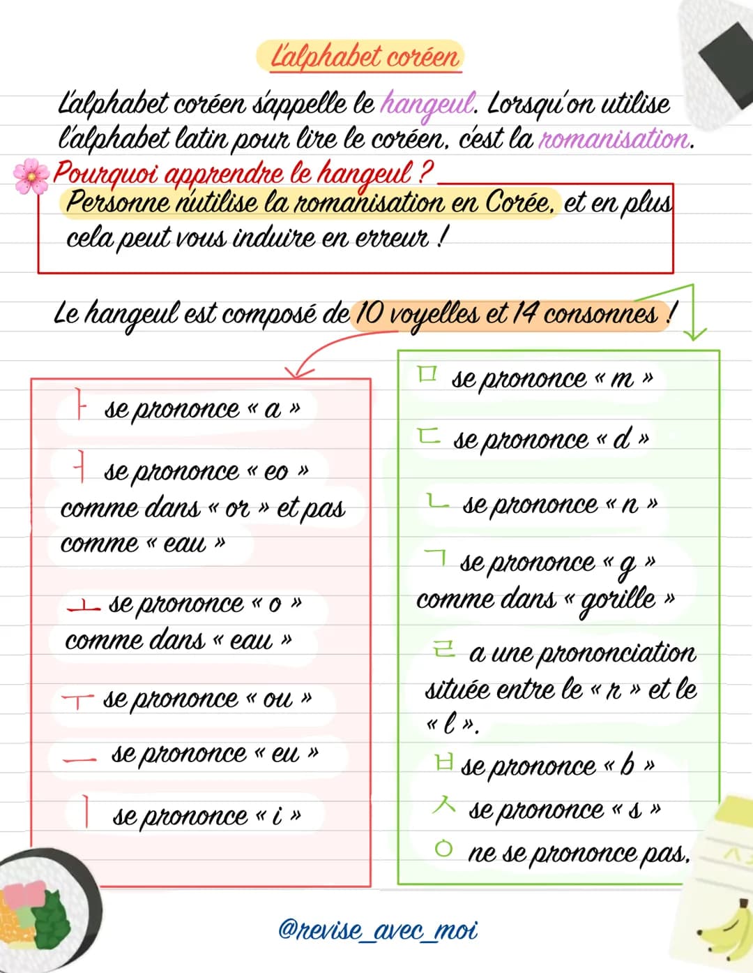 # Bases de coréen

Contenu appartenant à
@revise_avec_moi # L'alphabet coréen

L'alphabet coréen sappelle le hangeul. Lorsqu'on utilise
l'al