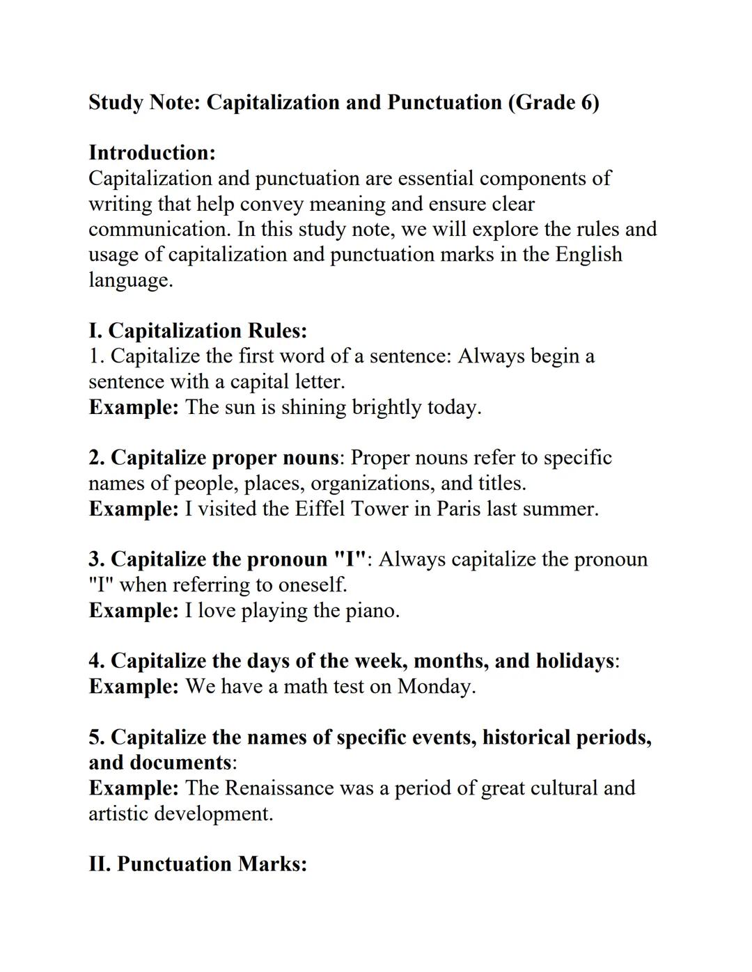 Study Note: Capitalization and Punctuation (Grade 6)

Introduction:
Capitalization and punctuation are essential components of
writing that 