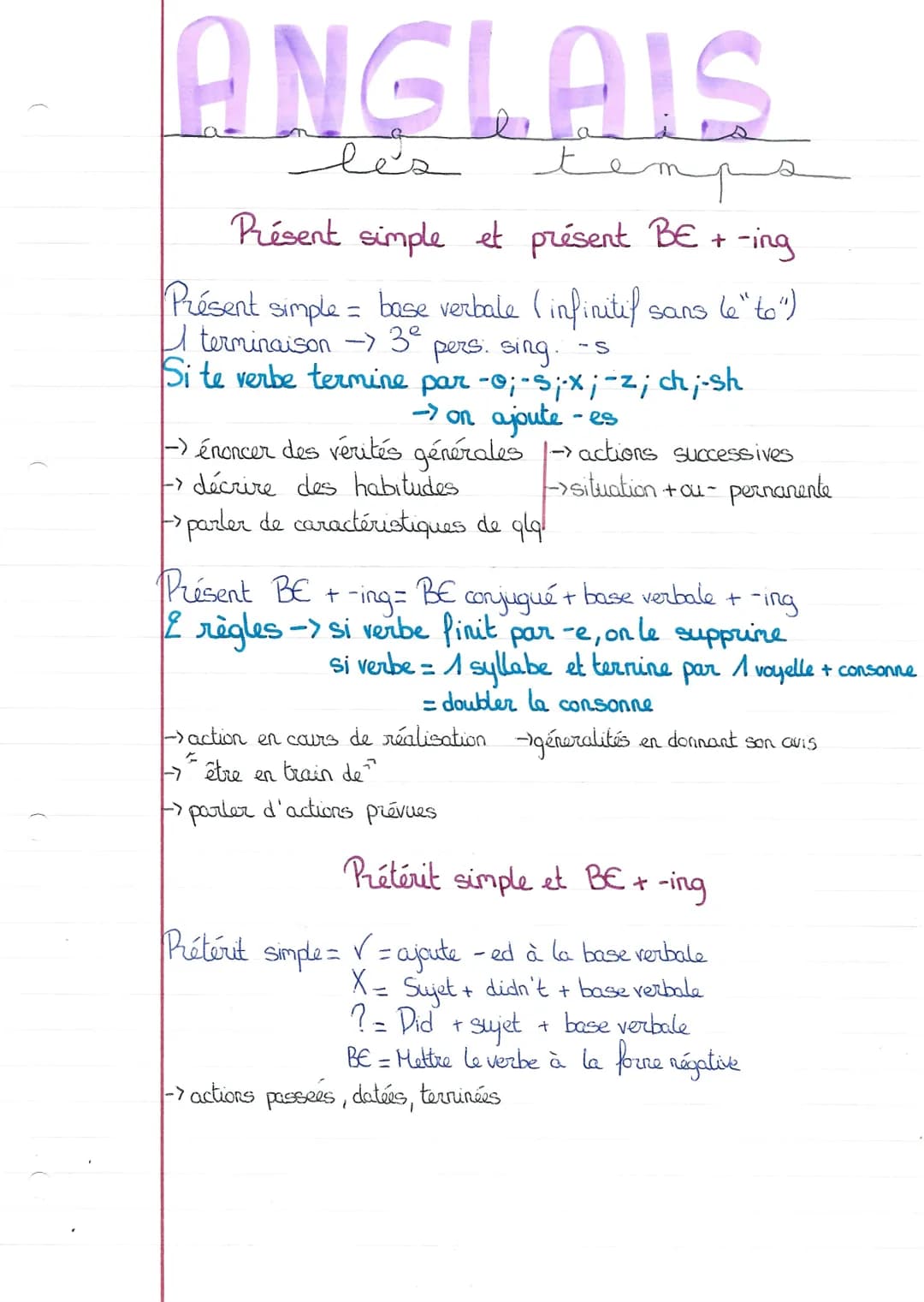 # ANGLAIS

les temps

Présent simple et présent BE + -ing

Présent simple = base verbale (infinitif sans le "to")

terminaison→ 3º pers. sin