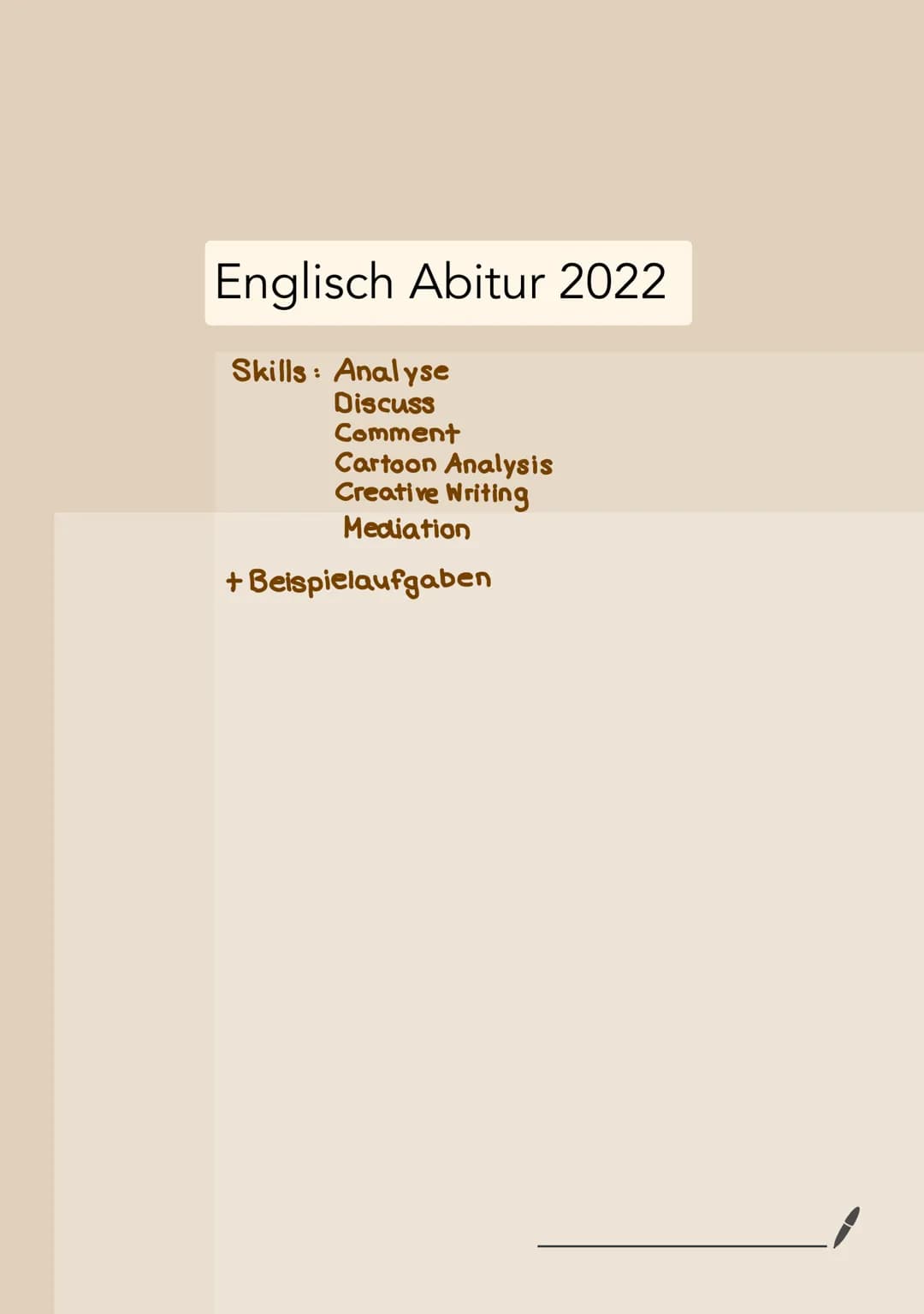 Englisch Abitur 2022

Skills: Analyse
Discuss
Comment
Cartoon Analysis
Creative Writing
Mediation
+ Beispielaufgaben # ANALYSE

4. Allg. Ein