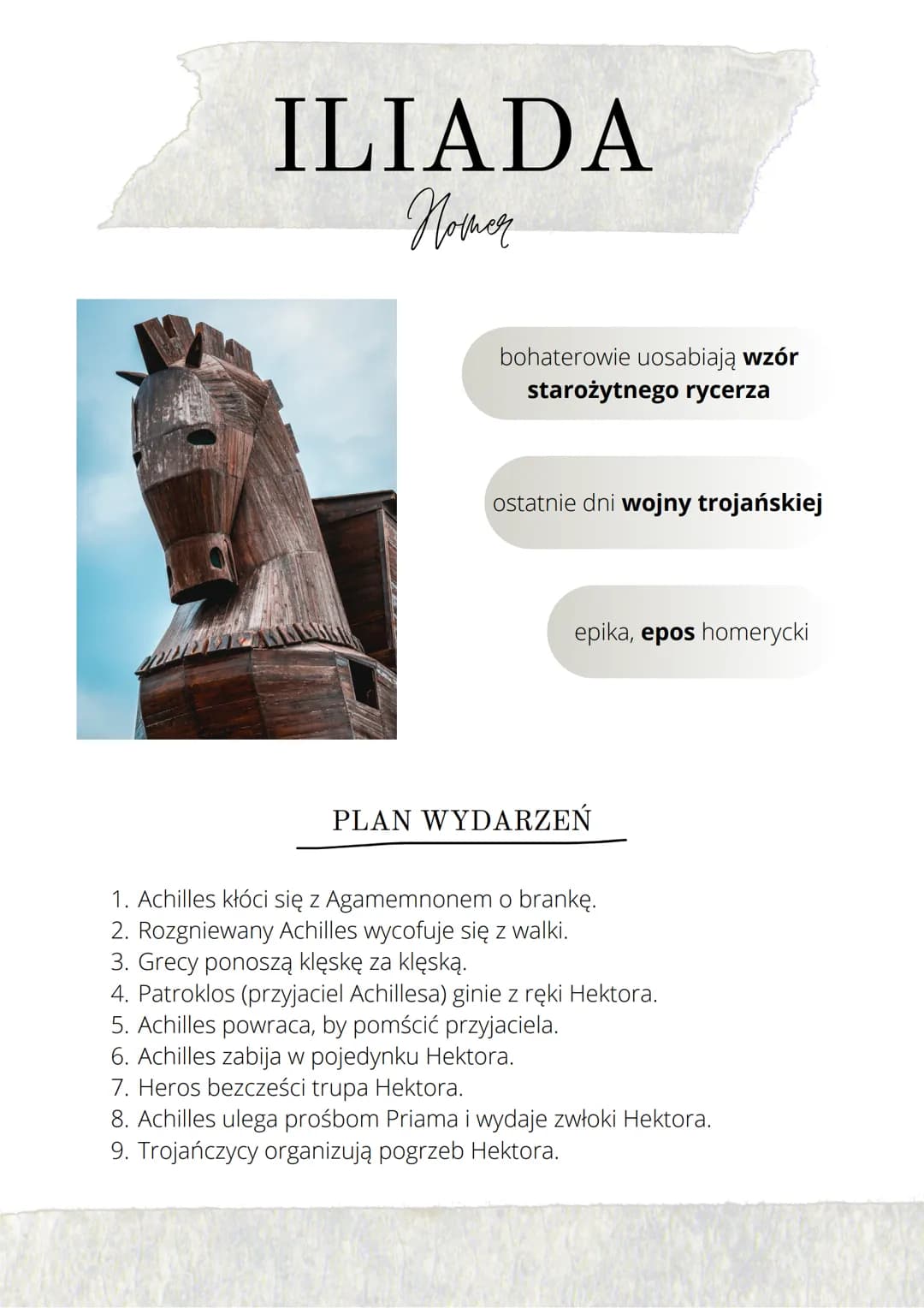 # ILIADA
Nomer

bohaterowie uosabiają wzór
starożytnego rycerza

ostatnie dni wojny trojańskiej

epika, epos homerycki

## PLAN WYDARZEŃ

1.