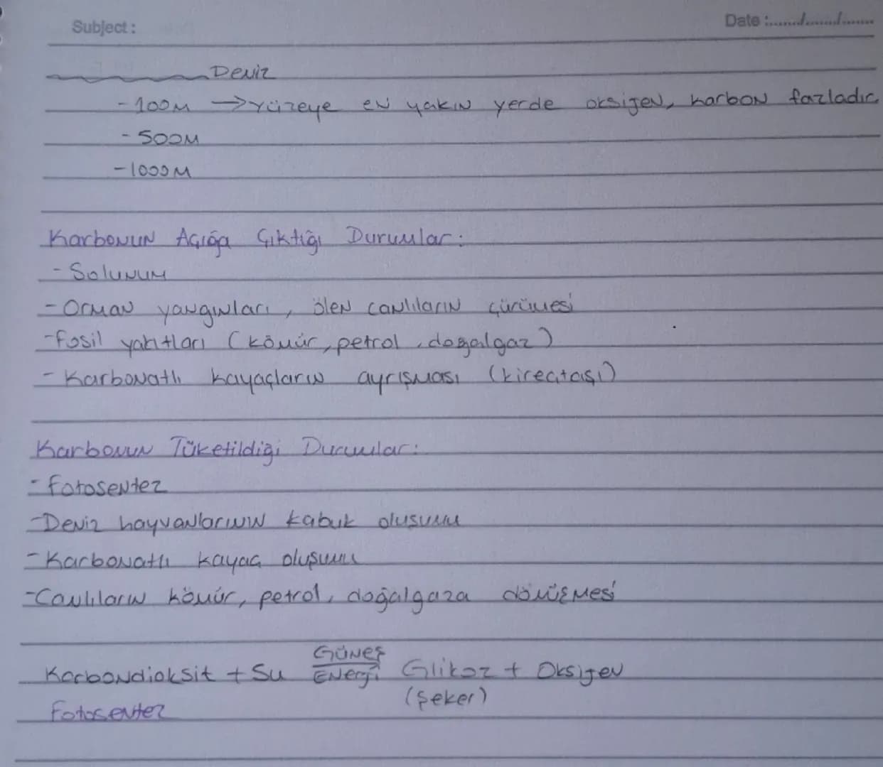 MADDE DÖNGÜLERİ

① Karbon Döngüsü

Karalarda (Litosfer) Kömür, Petrol, Doğalgaz, Kireçtaşı

Sularda (Hidrosfer) Karbondioksit, Bikarbonat

A
