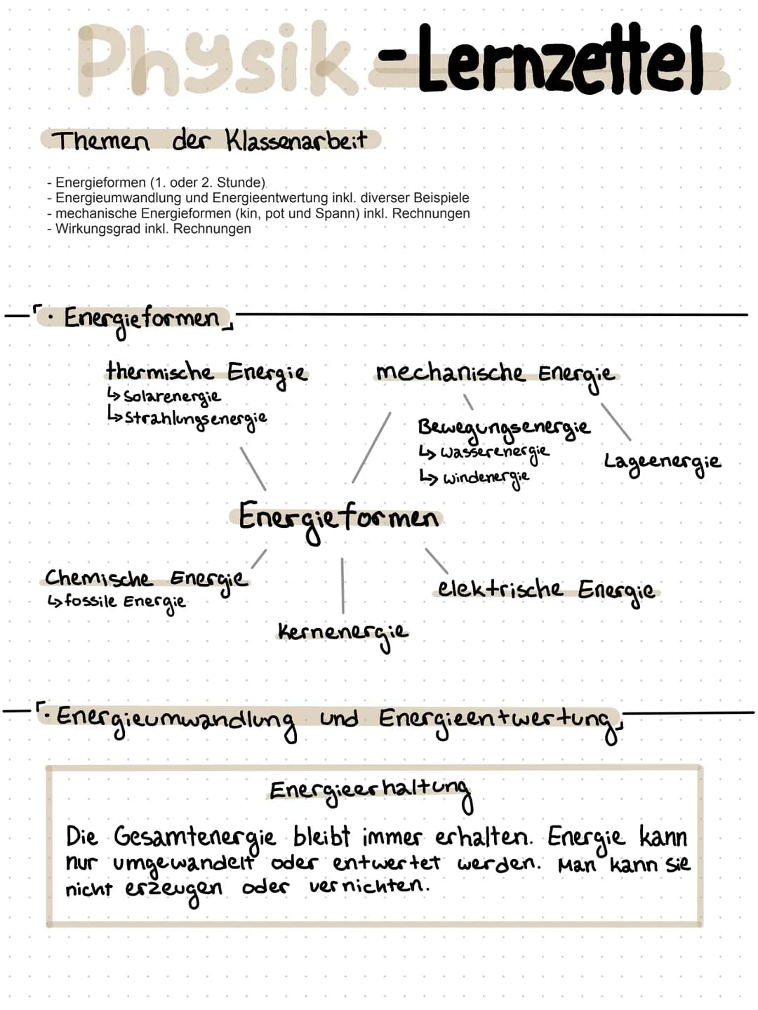 # Physik-Lernzettel

## Themen der Klassenarbeit

- Energieformen (1. oder 2. Stunde).
- Energieumwandlung und Energieentwertung inkl. diver