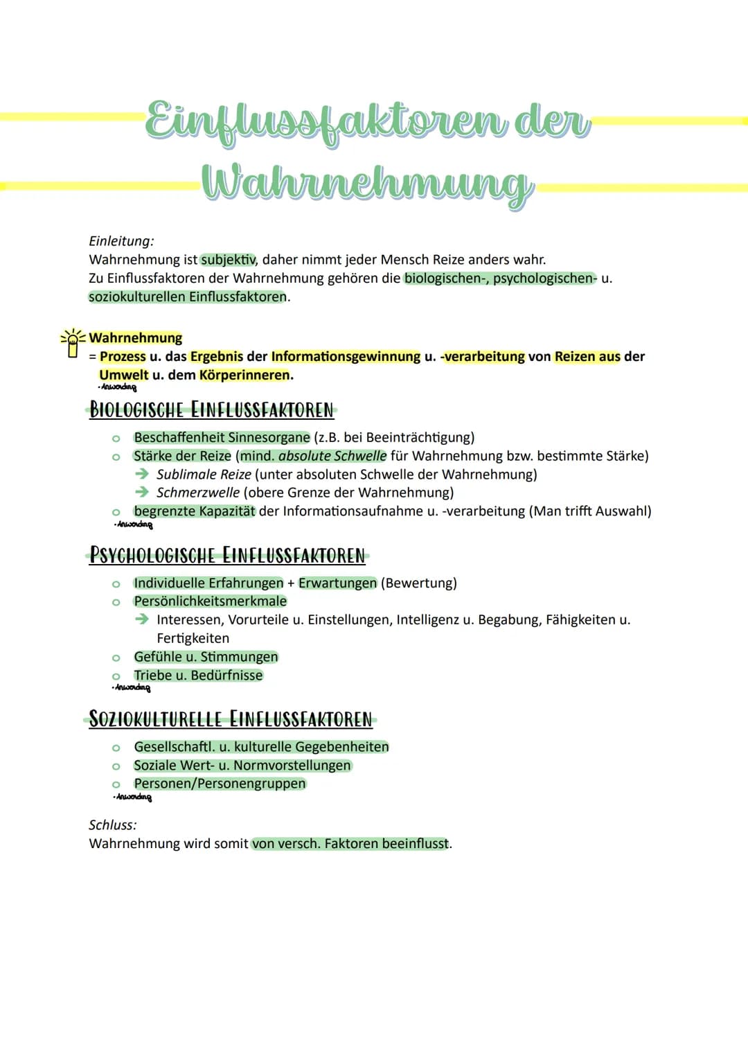 FACHABITUR # Wahrnehmung


 Wahrnehmung
= der Prozess u. das Ergebnis der Informationsgewinnung u. -verarbeitung von Reizen aus
der Umwelt u