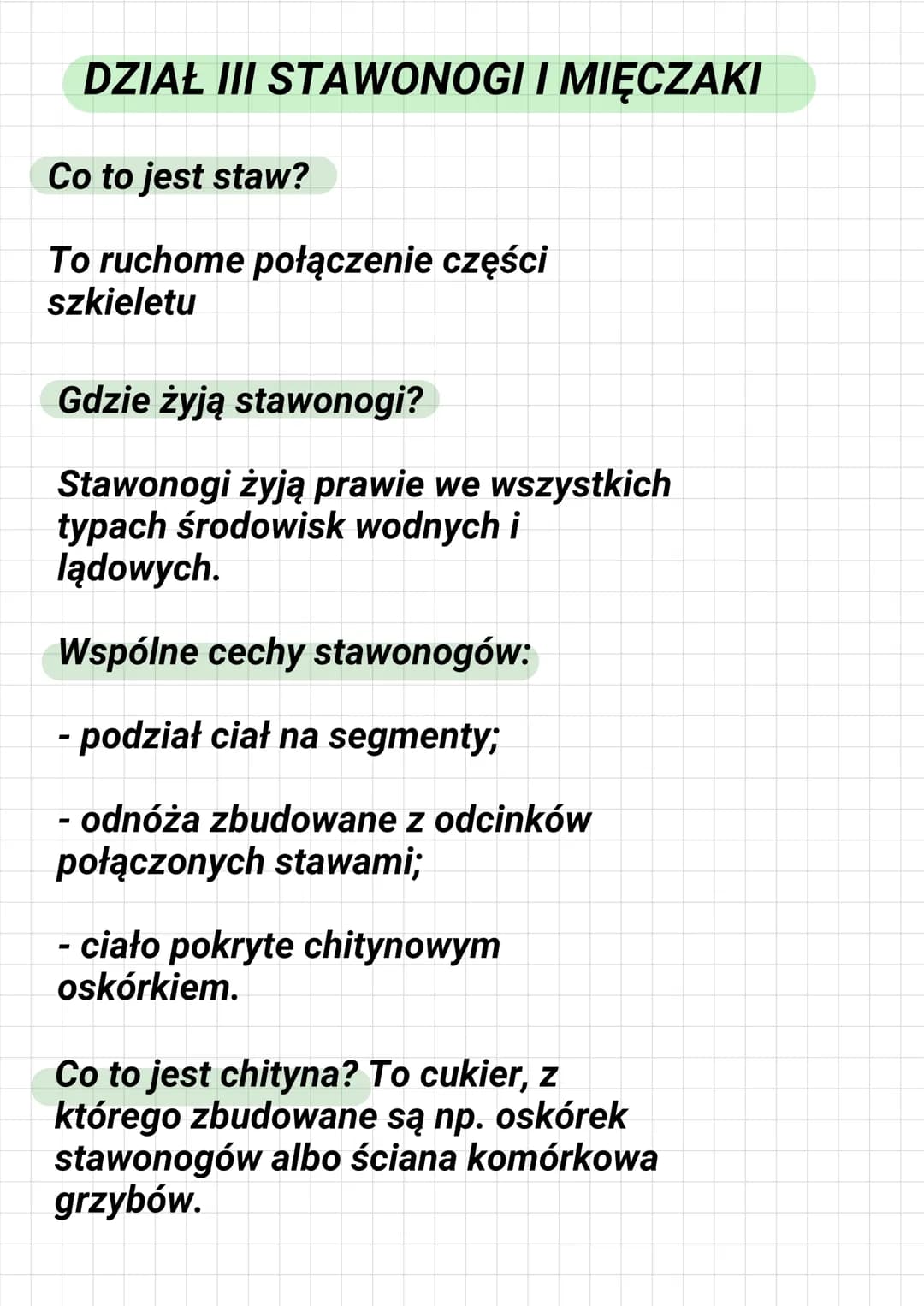 # DZIAŁ III STAWONOGI I MIĘCZAKI

Co to jest staw?

To ruchome połączenie części
szkieletu

Gdzie żyją stawonogi?

Stawonogi żyją prawie we 
