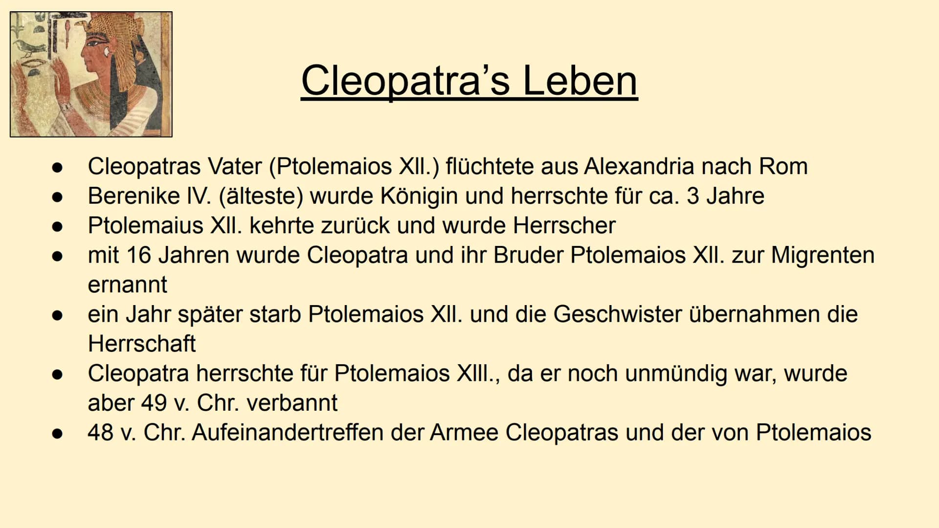 # Caesar und Cleopatra # Aufbau

- Steckbrief/ Biografie Cleopatra
- Steckbrief Caesar
- Beziehung zwischen den beiden
- Cleopatras Selbstmo