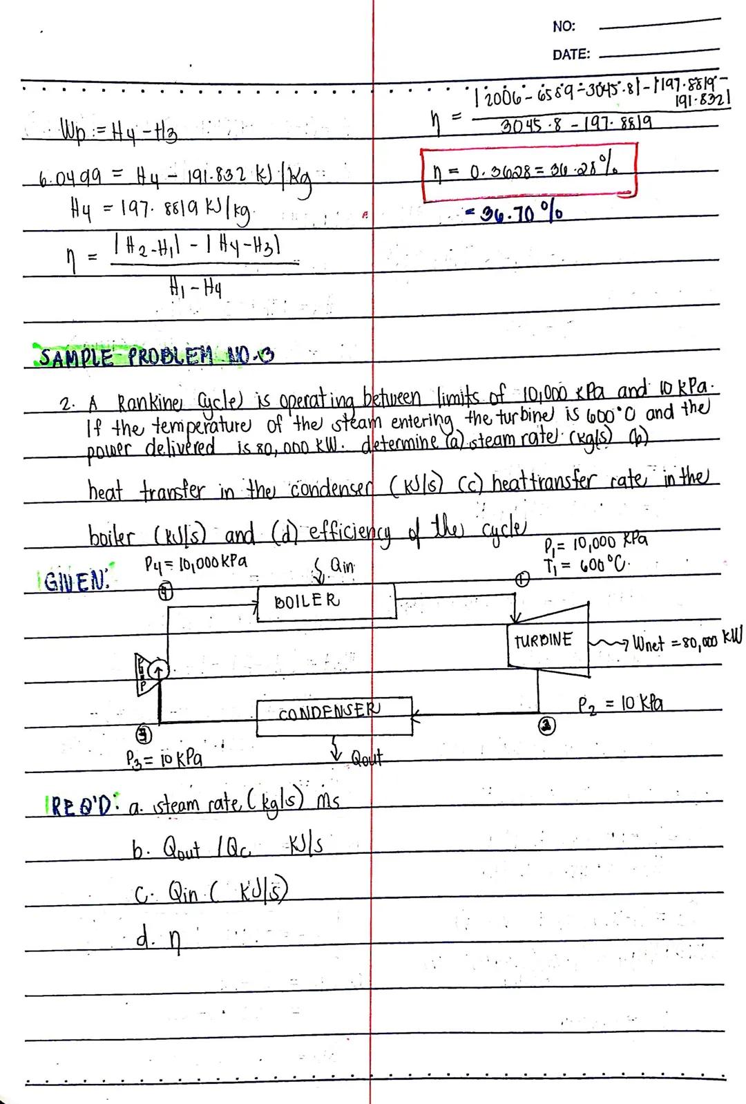 SAMPLE PROBLEM I

1. Compute the thermal efficiency of an ideal Rankine cycle
for which steam leaves the boiler as superheated vapor at
6 MP