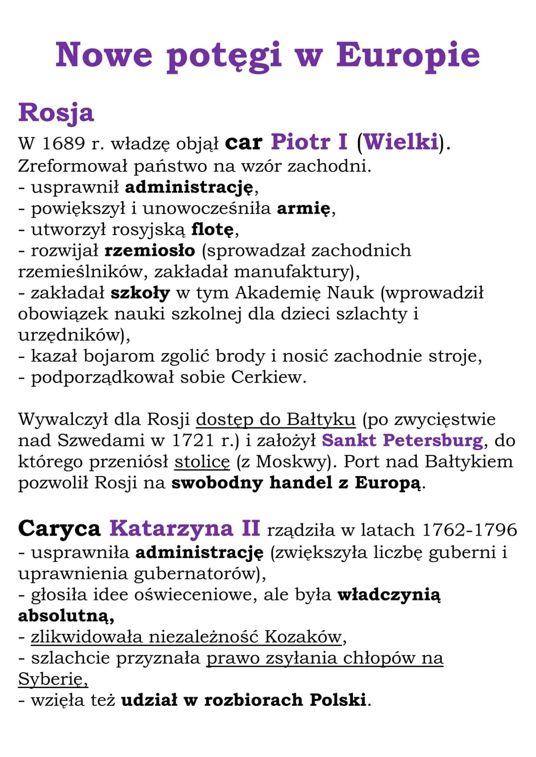 # Nowe potęgi w Europie

Rosja

W 1689 r. władzę objął car Piotr I (Wielki).
Zreformował państwo na wzór zachodni.
- usprawnił administrację