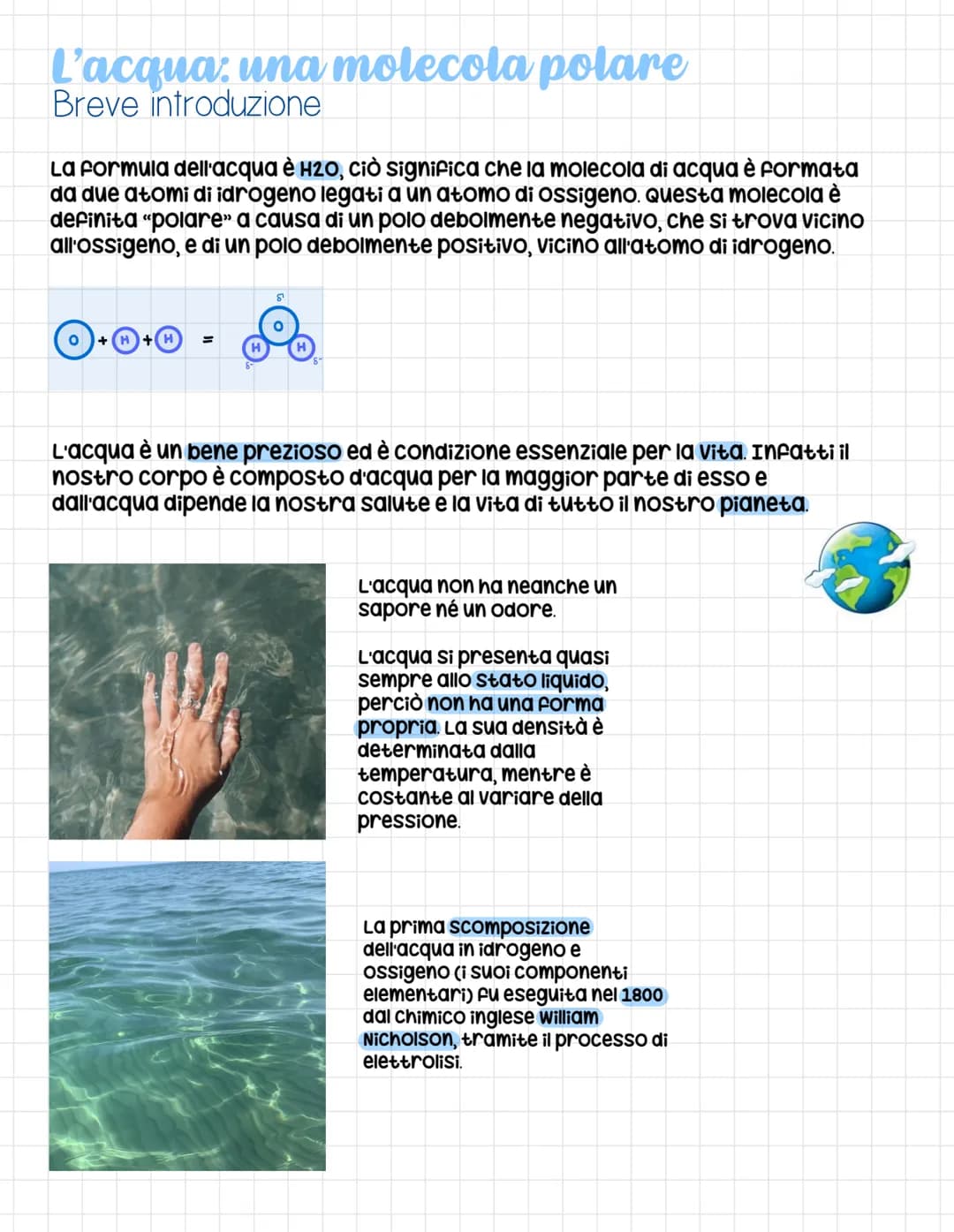# L'acqua: una molecola polare
Breve introduzione

La formula dell'acqua è H20, Ciò significa che la molecola di acqua è formata
da due atom
