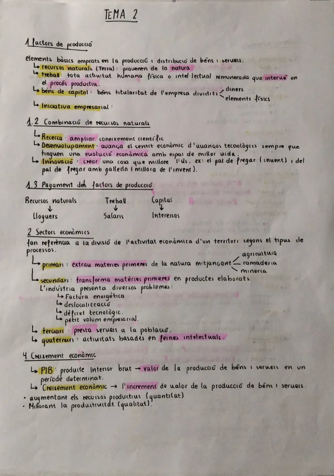 # TEMA 2

1 lactors de producció

elements bàsics emprats en la producció i distribució de béns i serveis.
- Le recursos naturals (Terra): p