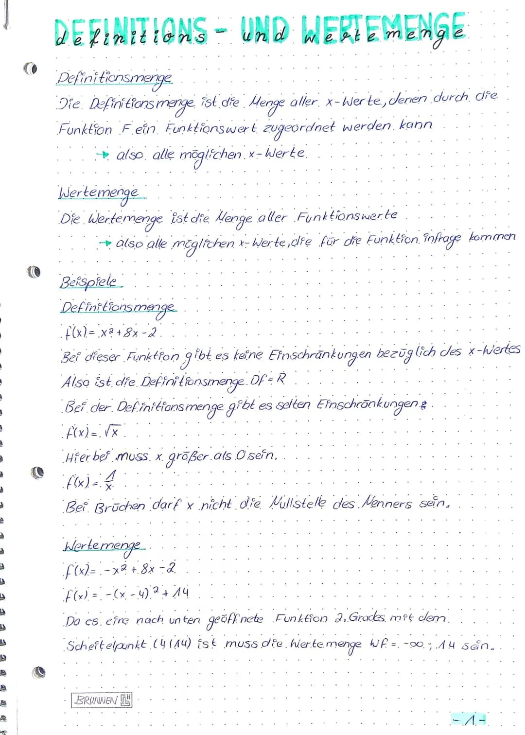 # DEFINITIONS - UND WERTEMENGE

Definitionsmenge

Die Definitions menge ist die Menge aller x-Werte, denen durch die
Funktion Fein Funktions