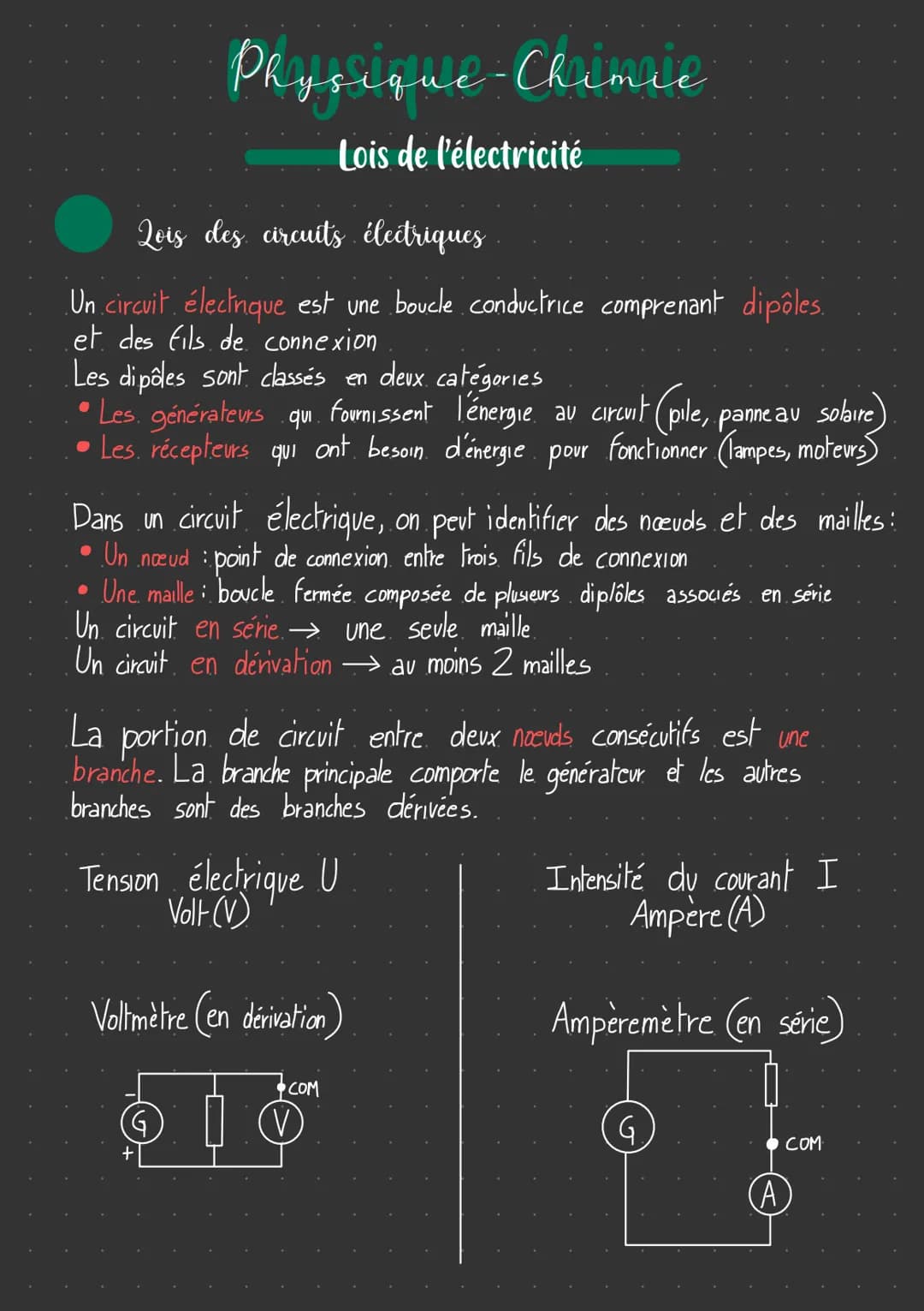 # Physique-Chimie
Lois de l'électricité

Qois des circuits électriques

Un circuit. électique est une boucle conductrice comprenant dipôles.