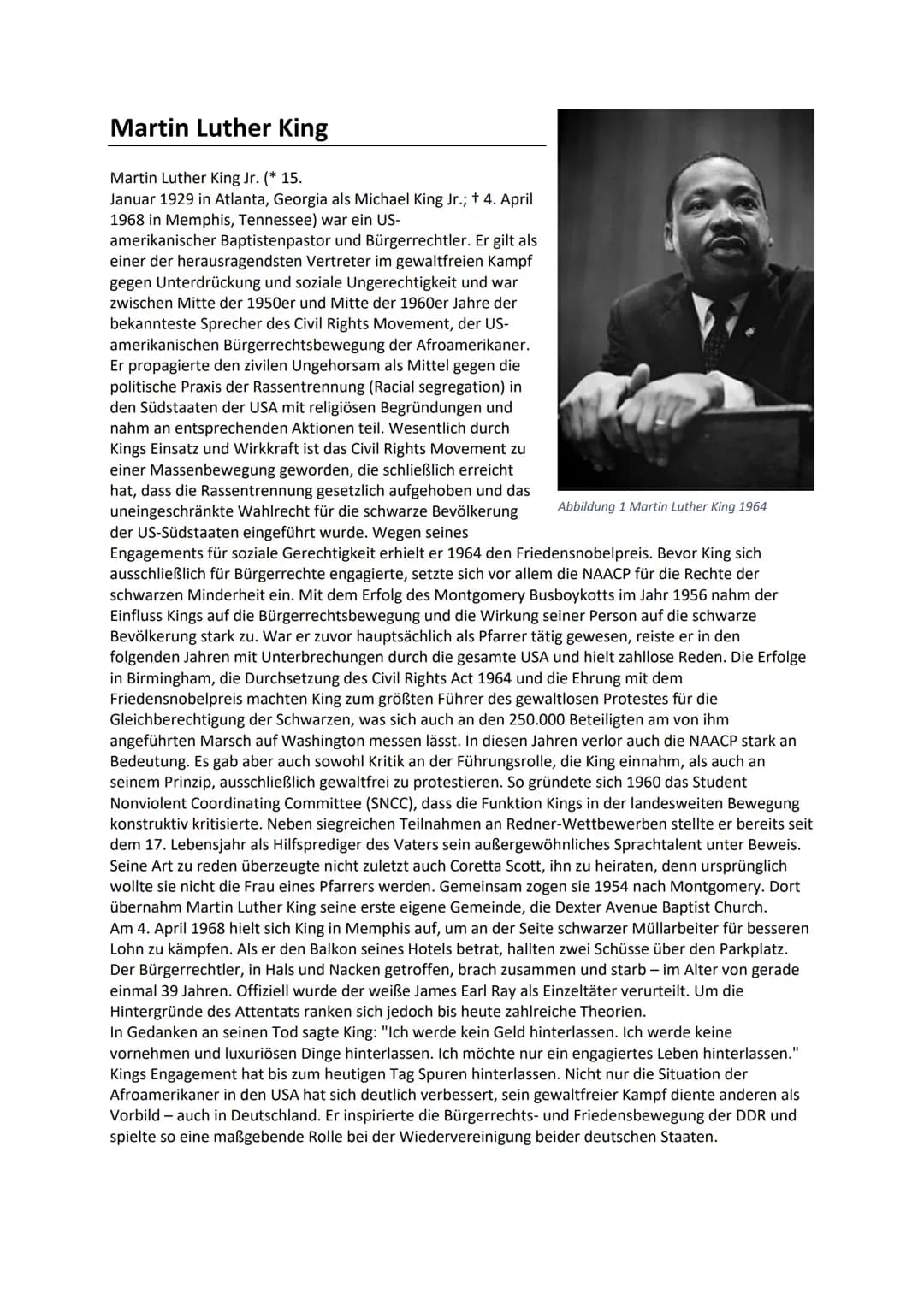# Martin Luther King

Martin Luther King Jr. (* 15.
Januar 1929 in Atlanta, Georgia als Michael King Jr.; + 4. April
1968 in Memphis, Tennes