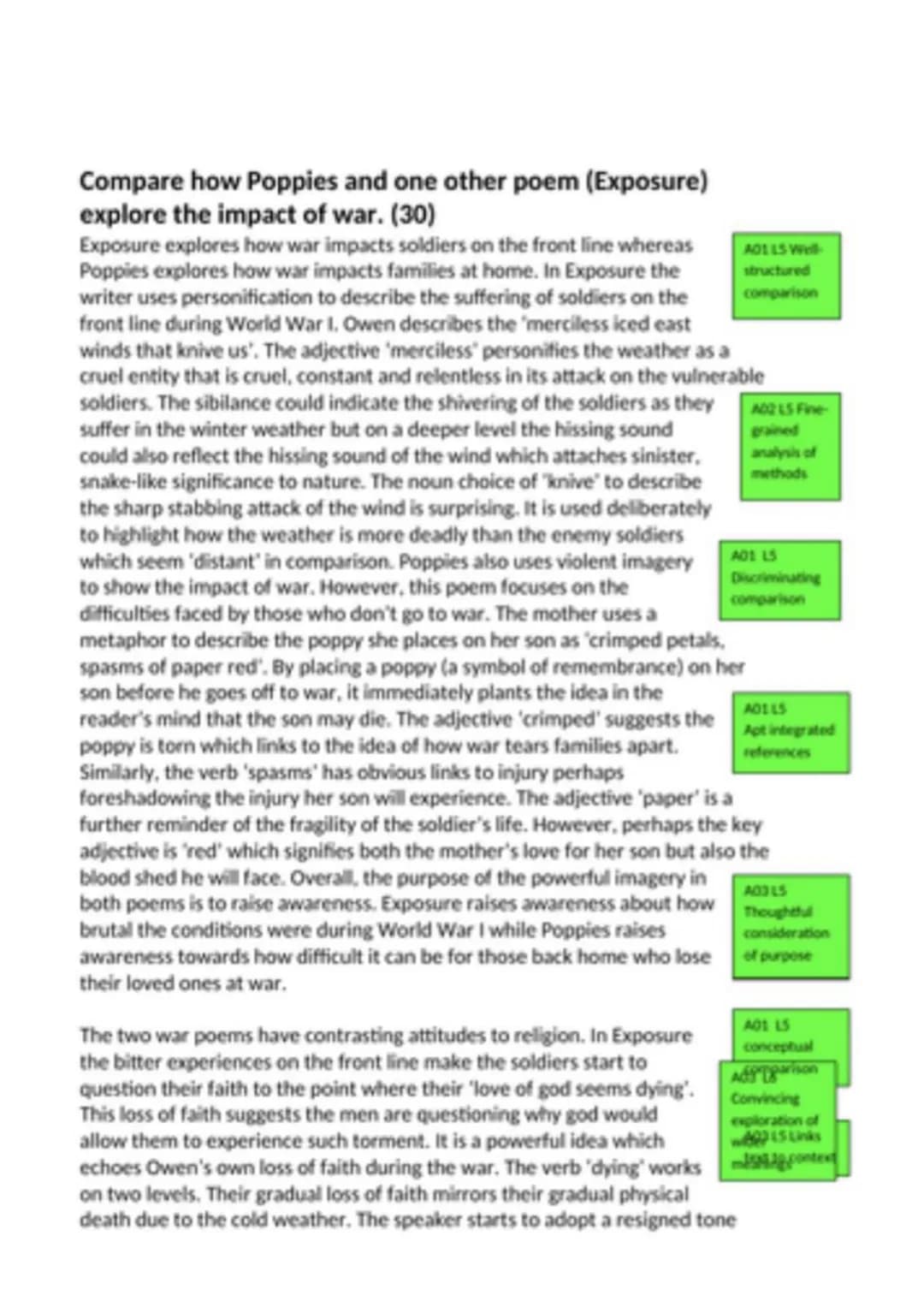 # Compare how Poppies and one other poem (Exposure)
explore the impact of war. (30)

Exposure explores how war impacts soldiers on the front