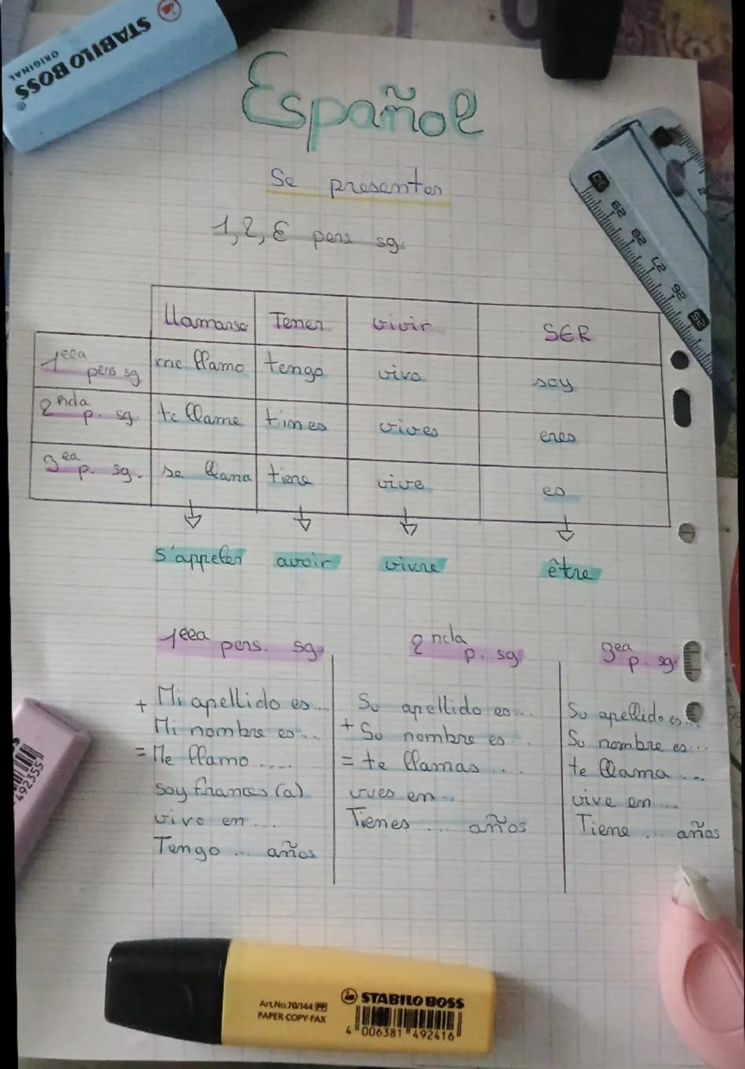 # Español

Se présenter

1,2, & pena sg

| Llamanse | Tener | Gioir | SER |
|---|---|---|---|
| yeea pers sg | ne flamo | tengo | vivo | soy