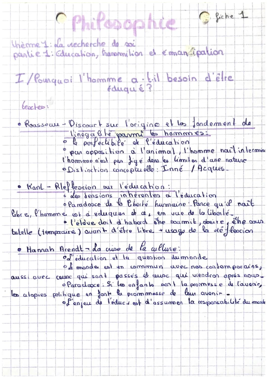 # Philosophie

fiche 1

therme 1: La recherche de soi
pantie 1: Education, thanormilion et émancipation

I/Pourquoi l'homme a. til besoin d'