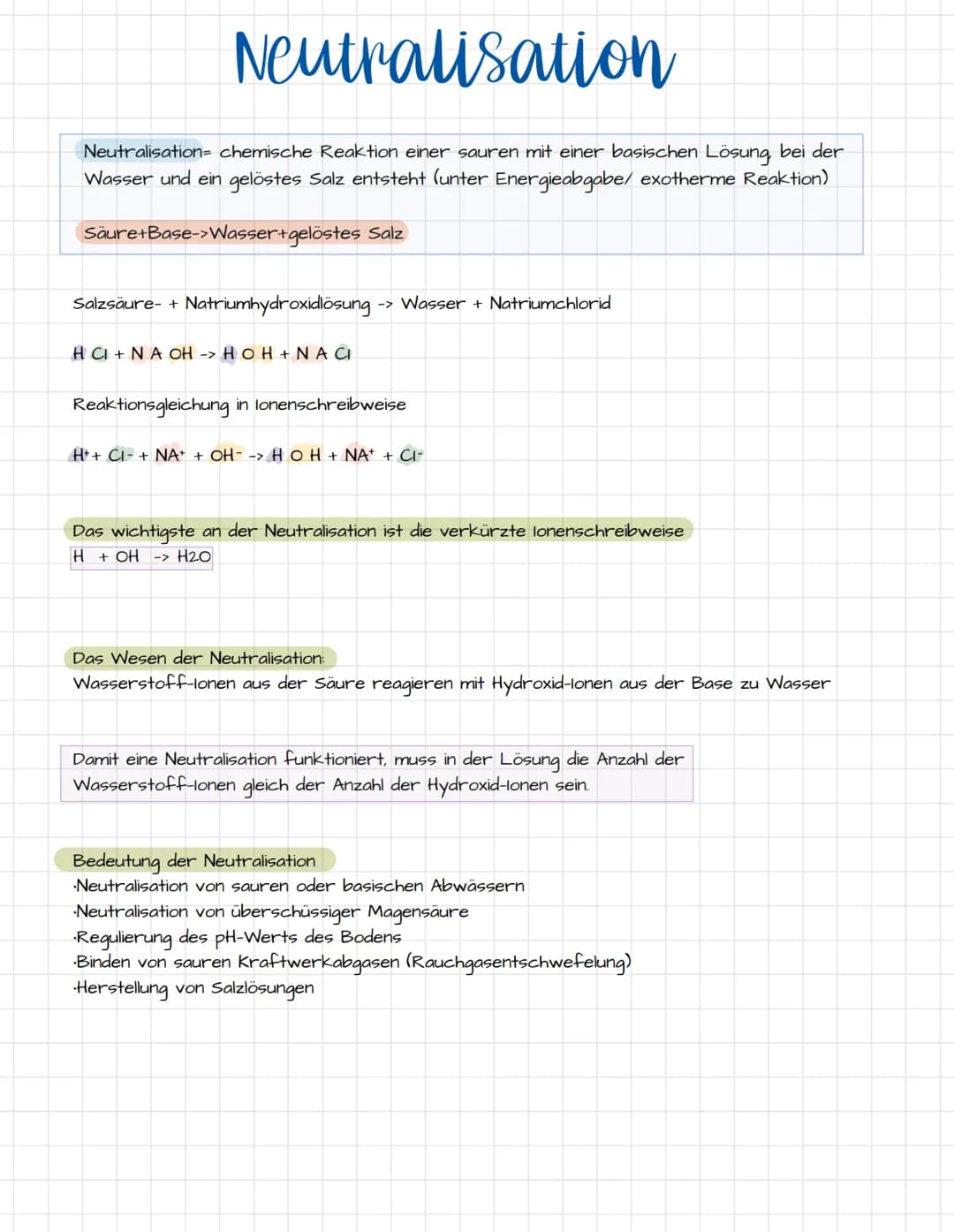 # Neutralisation

Neutralisation chemische Reaktion einer sauren mit einer basischen Lösung bei der
Wasser und ein gelöstes Salz entsteht (u