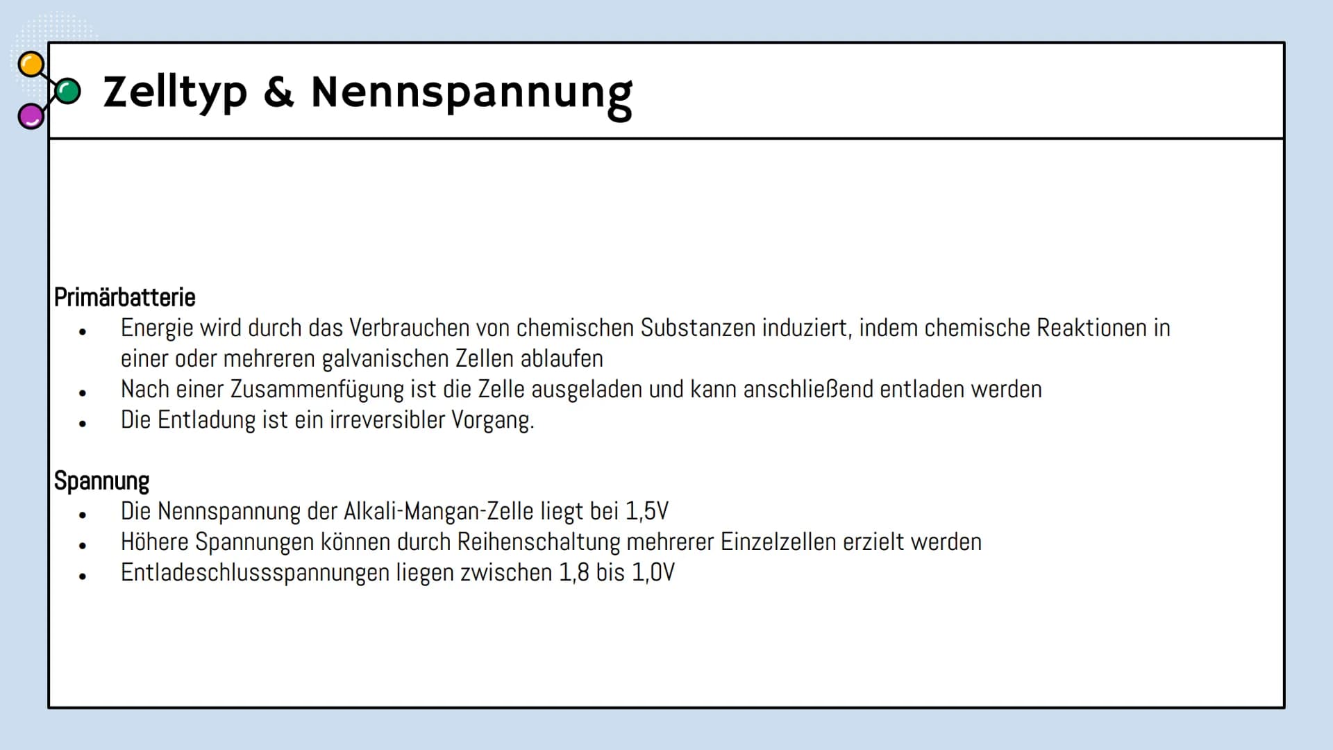 # Alkali-Mangan-Batterie

Alissa, Eliza und Nikola

Chemie Lk Gliederung

Grundlagen
Schematischer Aufbau, Reaktion

02
Merkmale
Zelltyp, Ne