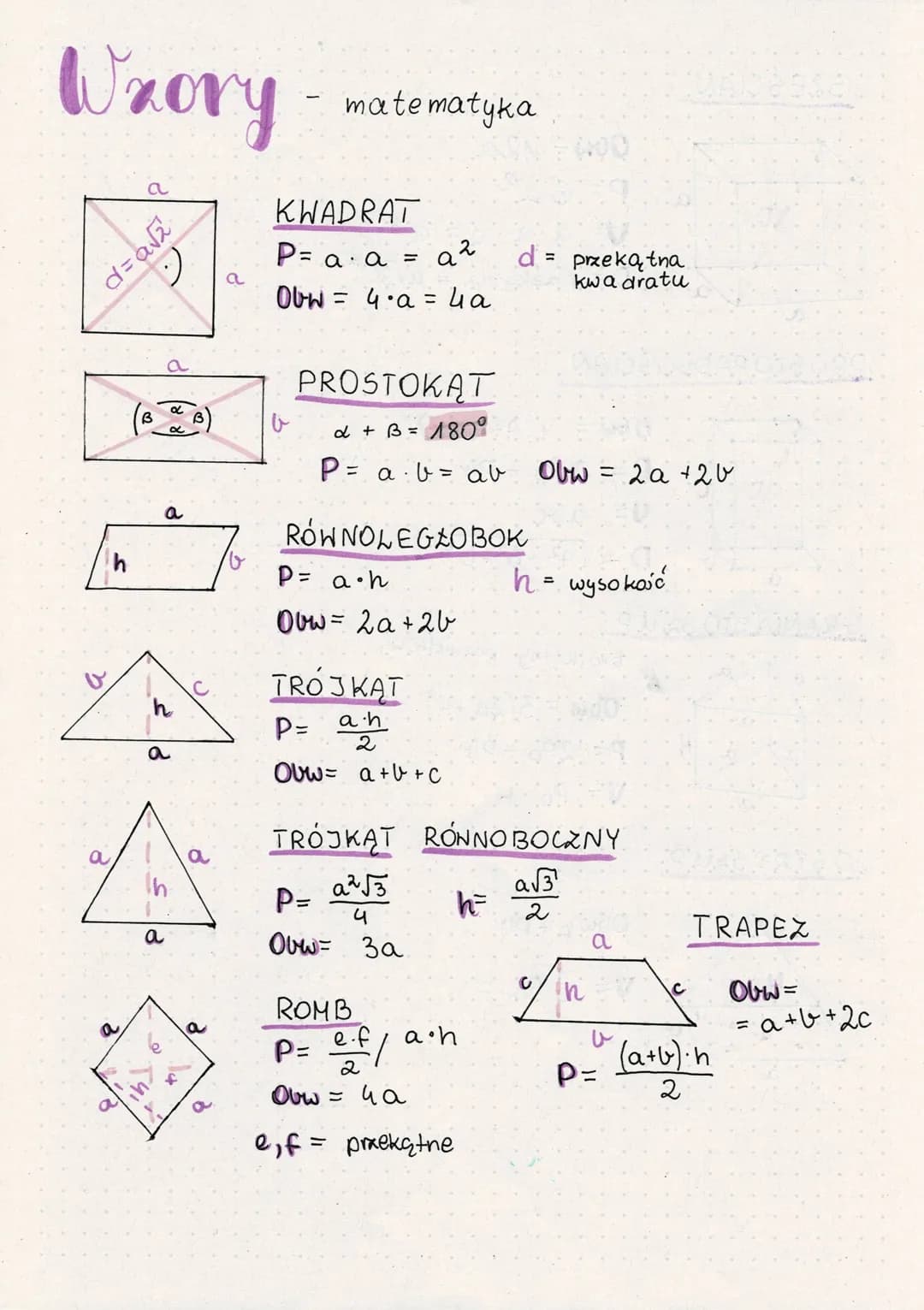 # Wzory - matematyka

a

$d=a\sqrt{2}$

a

# KWADRAT

$P= a \cdot a = a^2$  d = przekątna

$Obw = 4 \cdot a= 4a$ kwadratu

b

# PROSTOKĄT

$