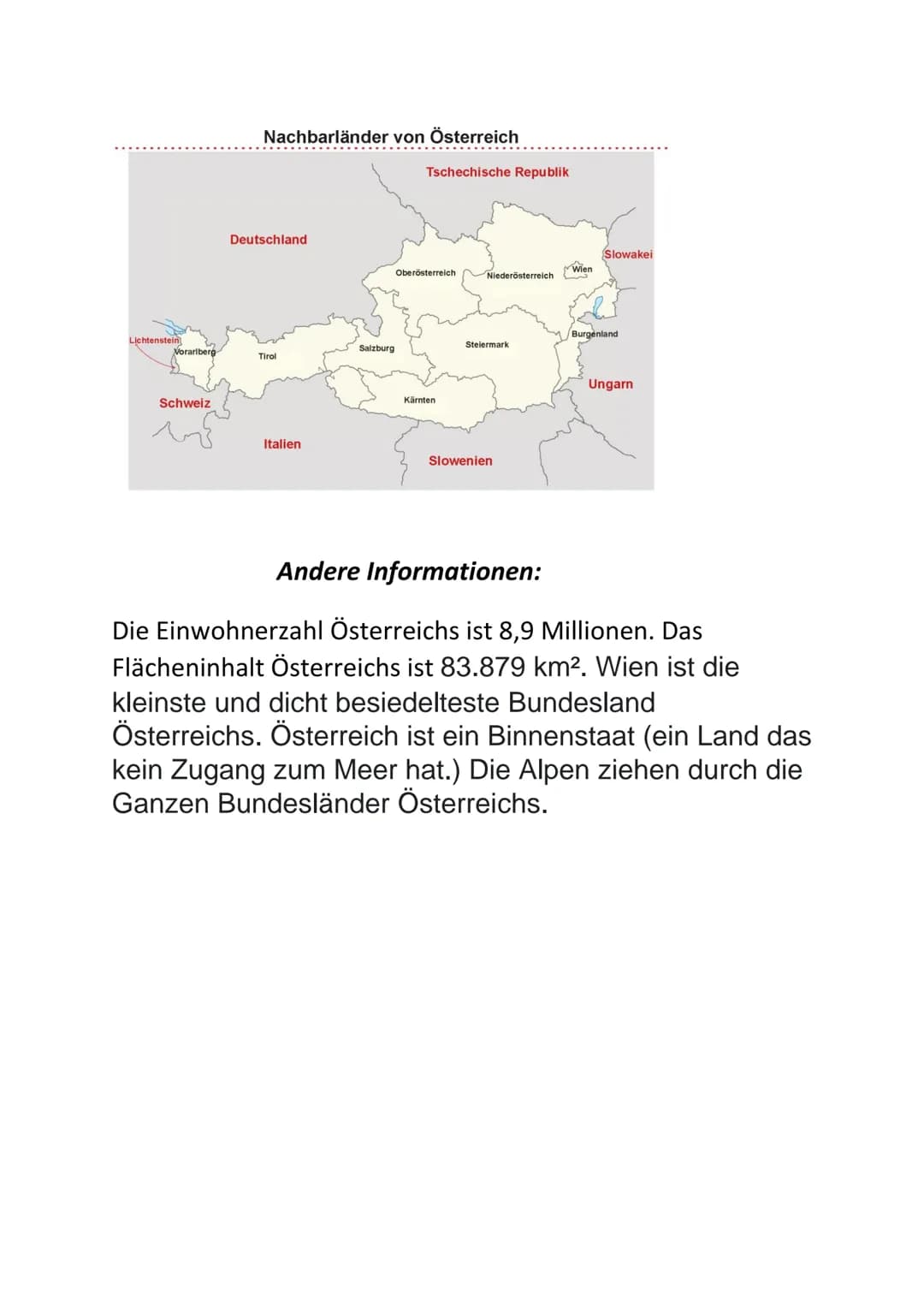# Österreich

Österreich ist ein Land in Zentraleuropa. Es hat 9
Bundesländer, 5 Landshaften und 8 Nachbarländer. Die
Hauptstadt ist Wien un