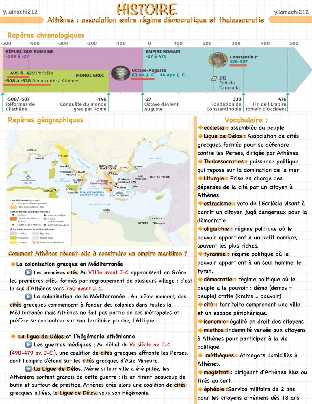 y.lamachi212
# HISTOIRE
Athènes: association entre régime démocratique et thalassocratie

## Repères chronologiques

-500

-400

-300

-200
